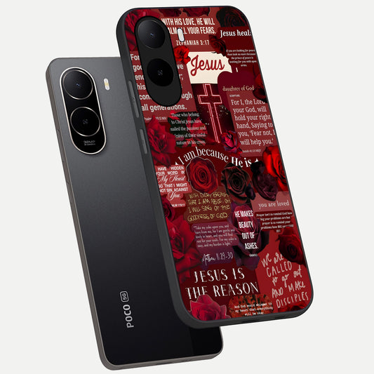  Jesus Love Heals phone case For Poco C85x showing premium glass back cover with detailed artwork