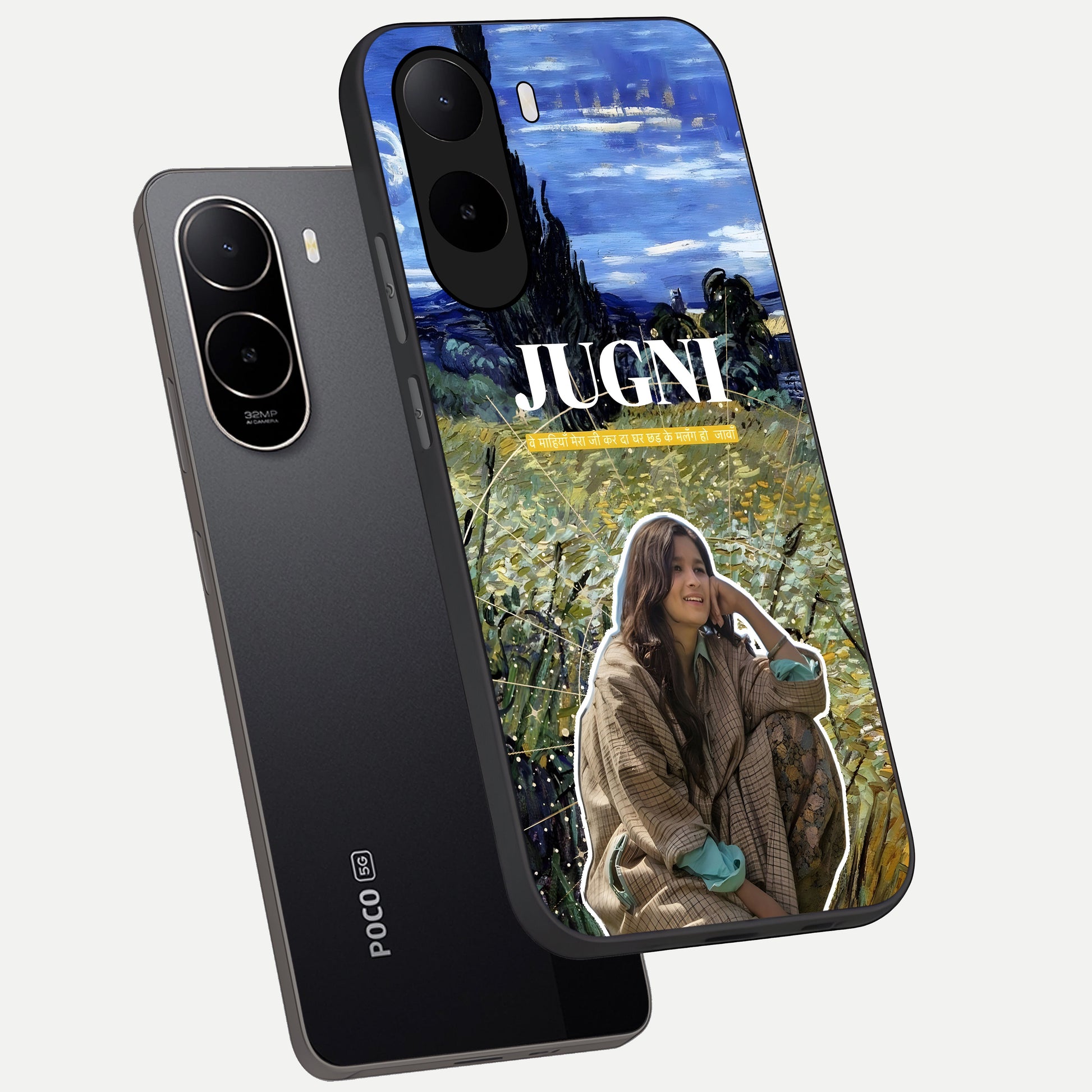  Jugni Soul Vibes phone case For Poco C85x showing premium glass back cover with detailed artwork