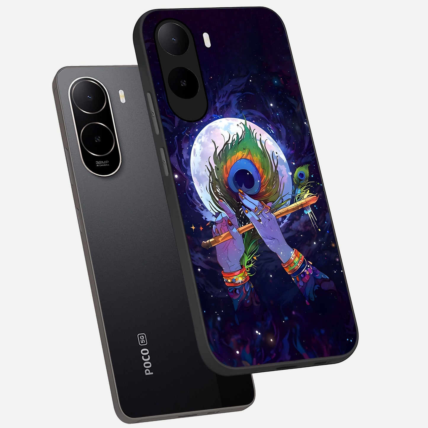  Krishna Hands Art phone case For Poco C85x showing premium glass back cover with detailed artwork