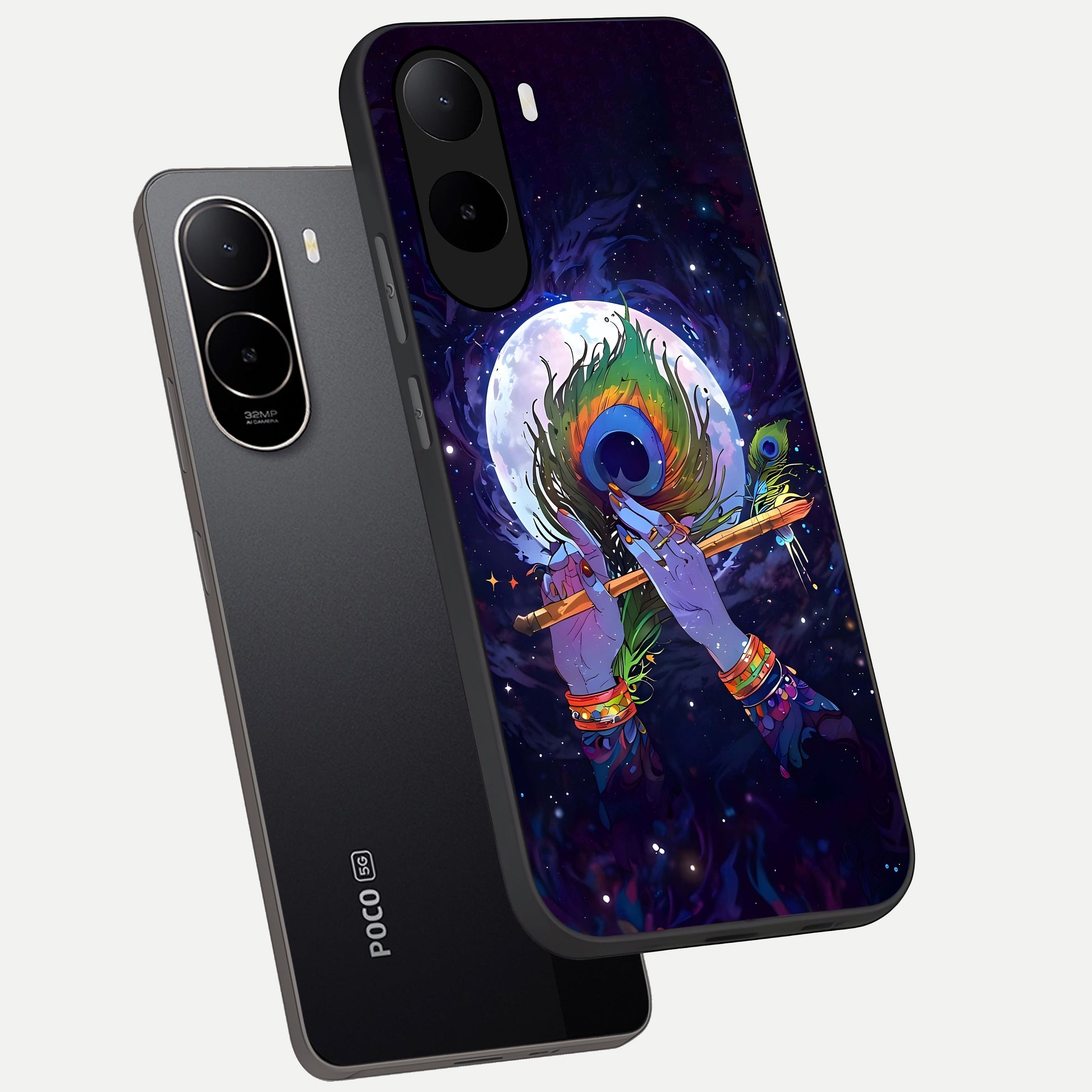 Krishna Hands Art phone case For Poco C85x showing premium glass back cover with detailed artwork