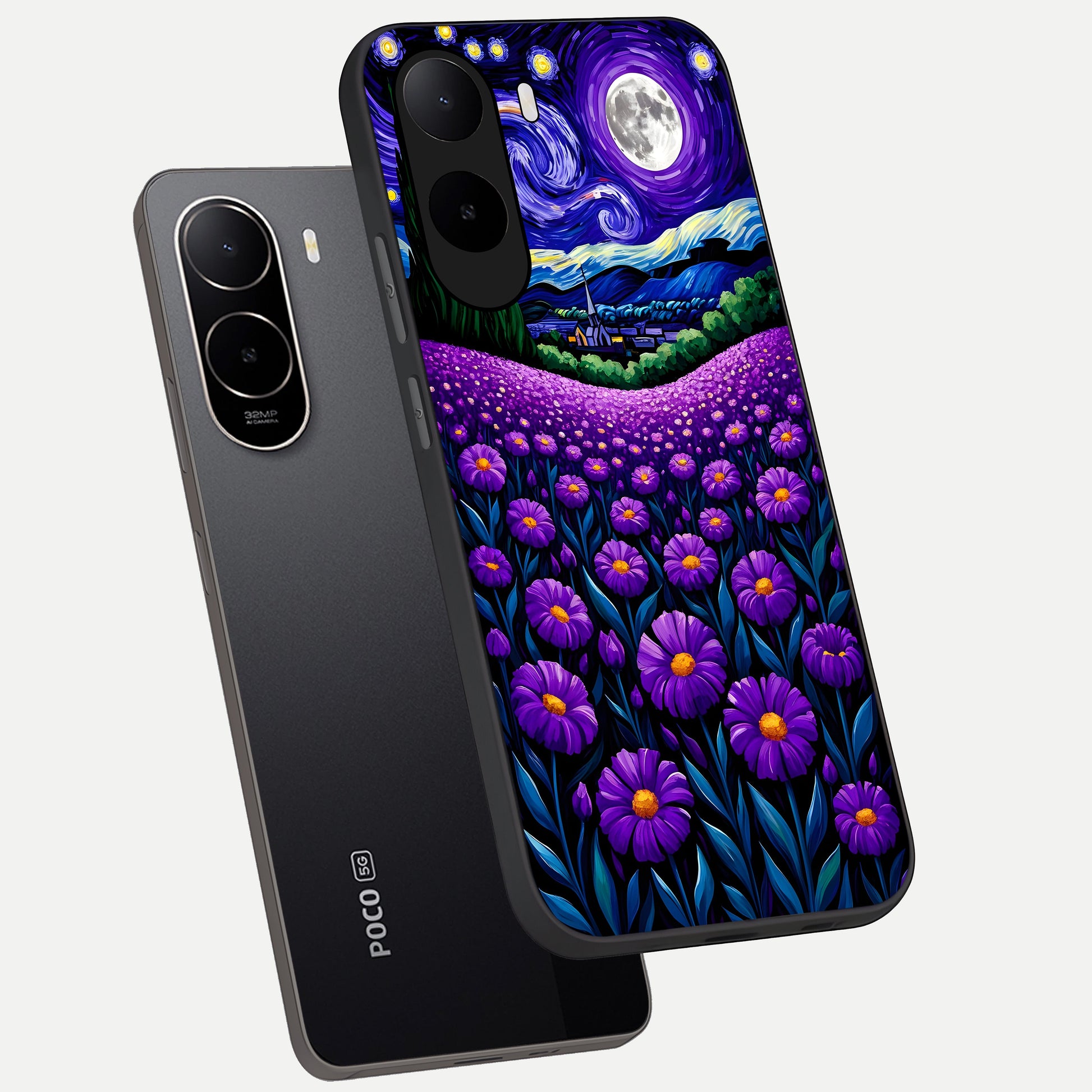  Lavender Moon Field phone case For Poco C85x showing premium glass back cover with detailed artwork