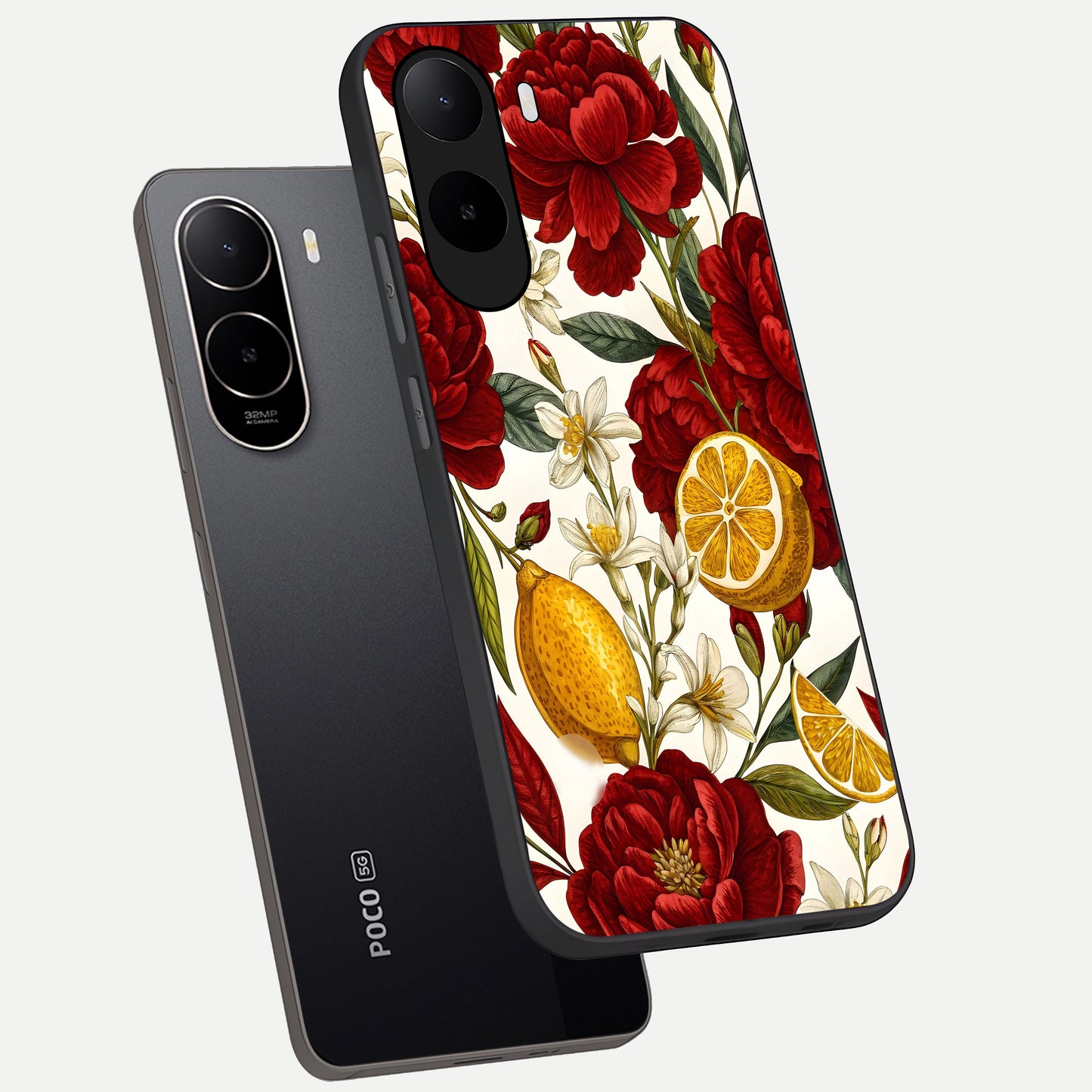  Lemon Rose Charm phone case For Poco C85x showing premium glass back cover with detailed artwork