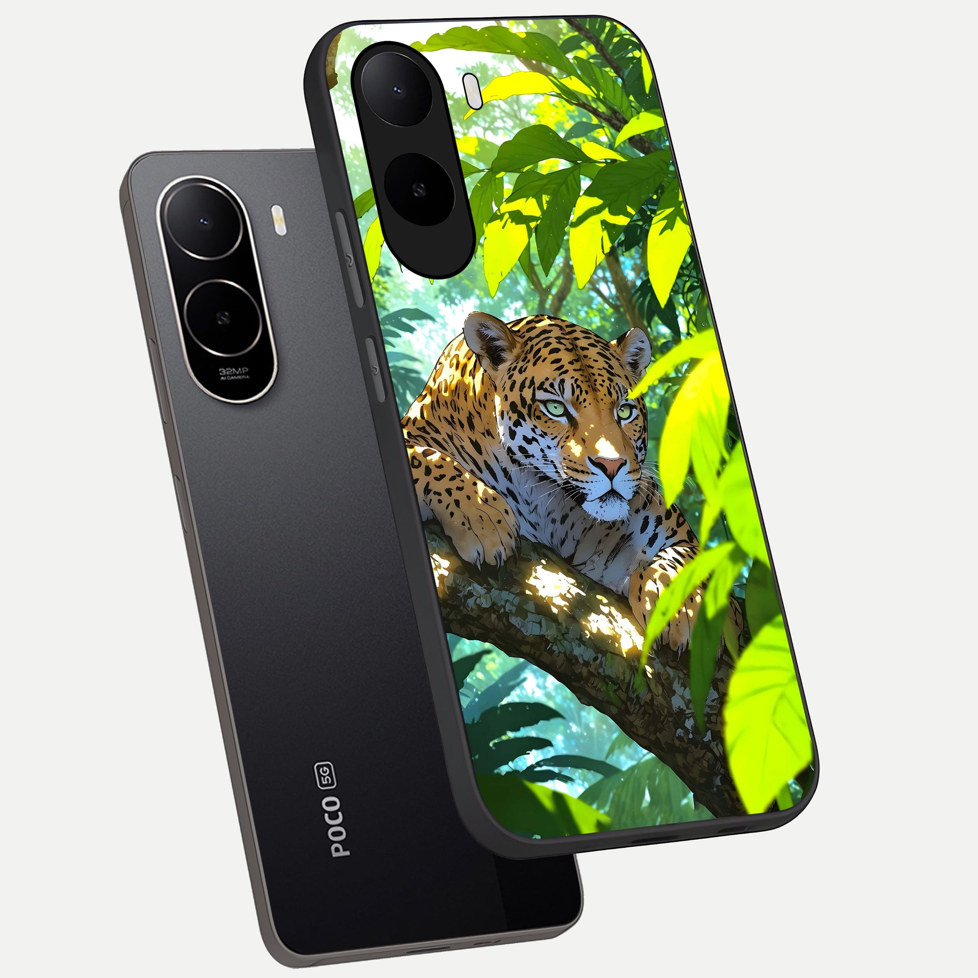  Leopard in Jungle phone case For Poco C85x showing premium glass back cover with detailed artwork