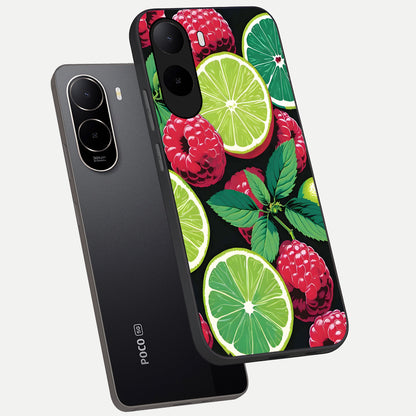  Lime and Raspberry Pattern phone case For Poco C85x showing premium glass back cover with detailed artwork