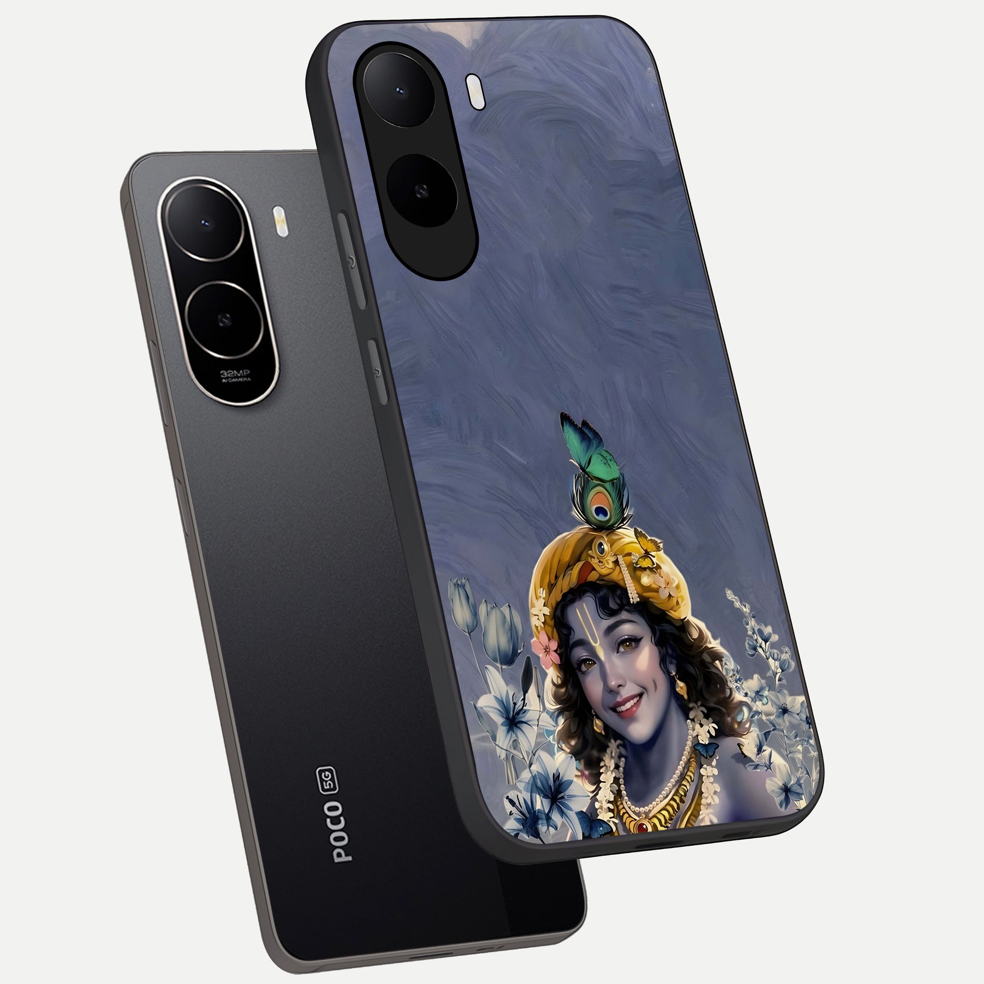  Lord Krishna phone case For Poco C85x showing premium glass back cover with detailed artwork