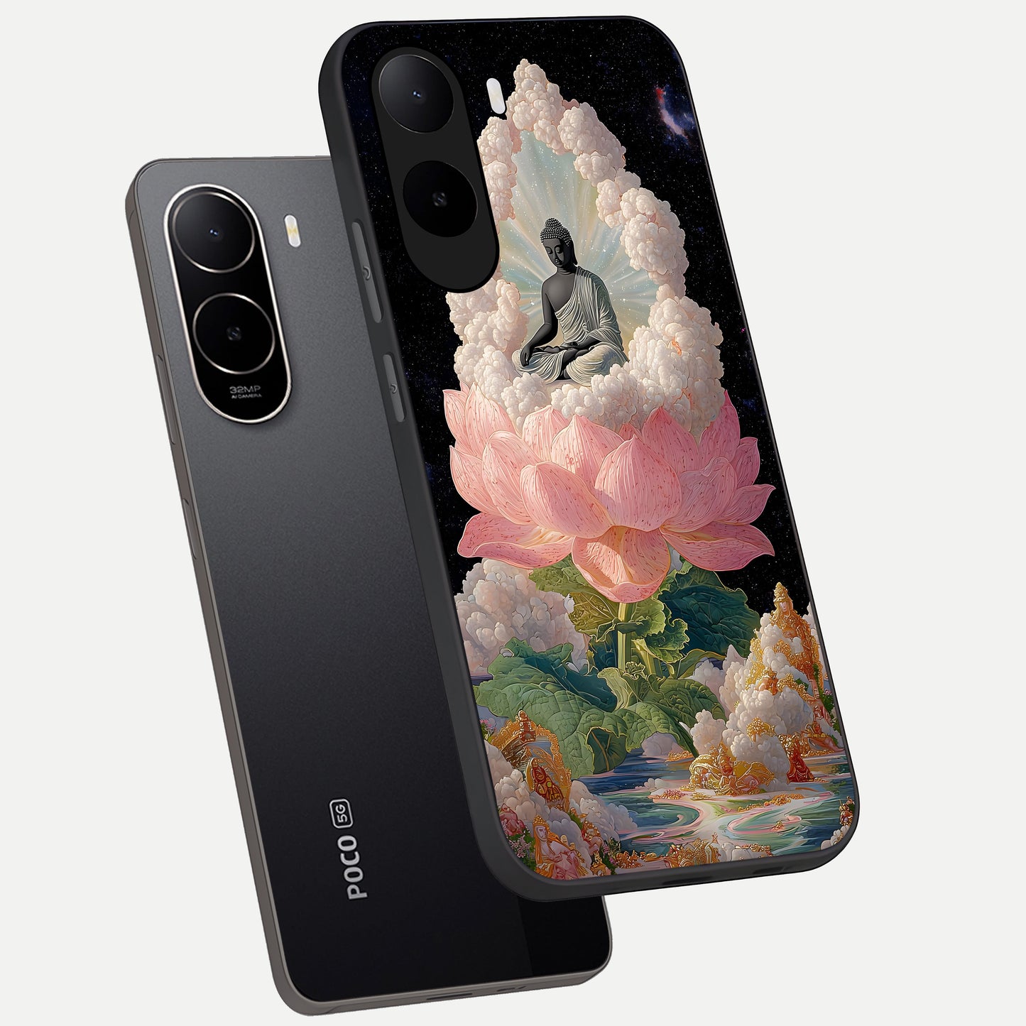  Lotus Divine Peace phone case For Poco C85x showing premium glass back cover with detailed artwork