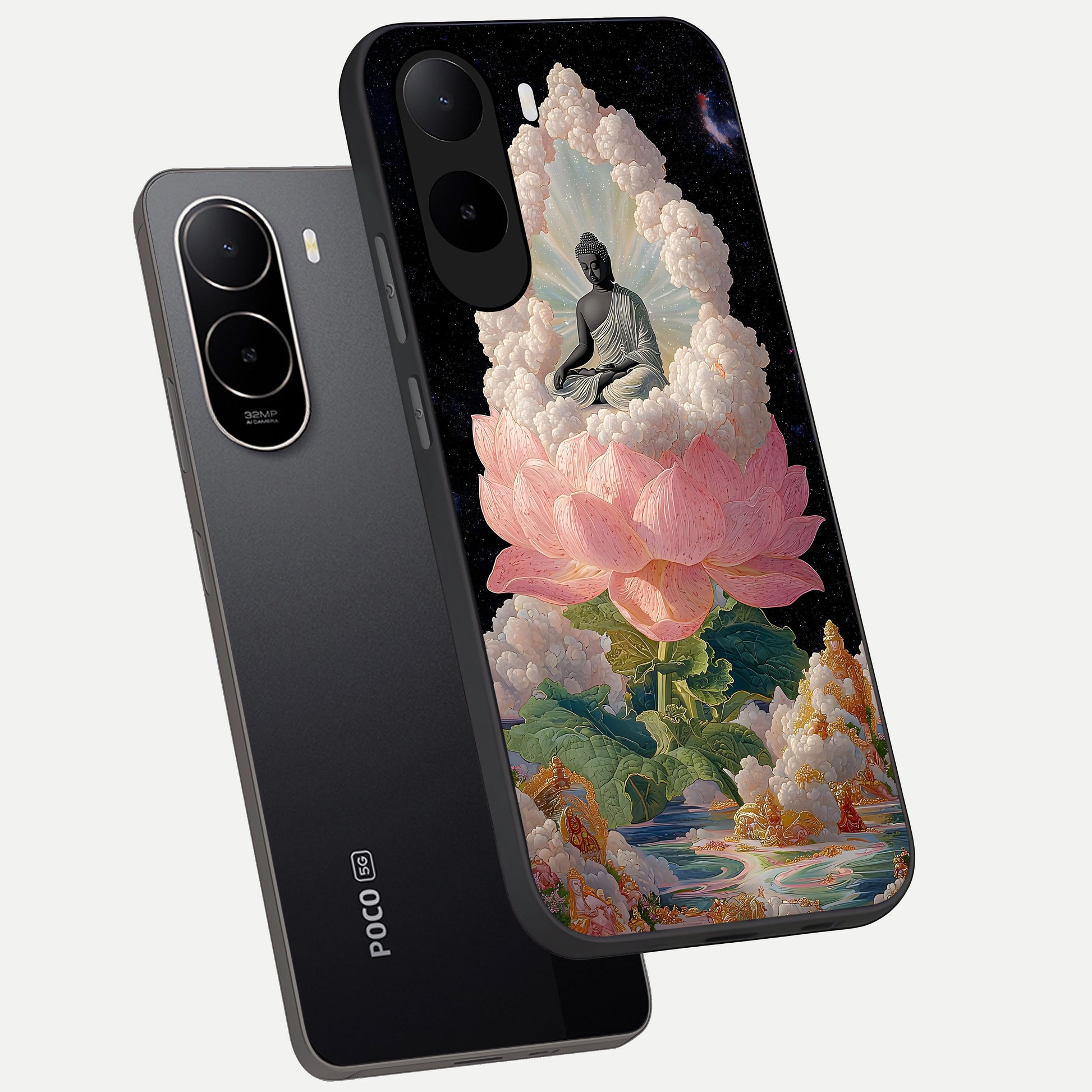  Lotus Divine Peace phone case For Poco C85x showing premium glass back cover with detailed artwork