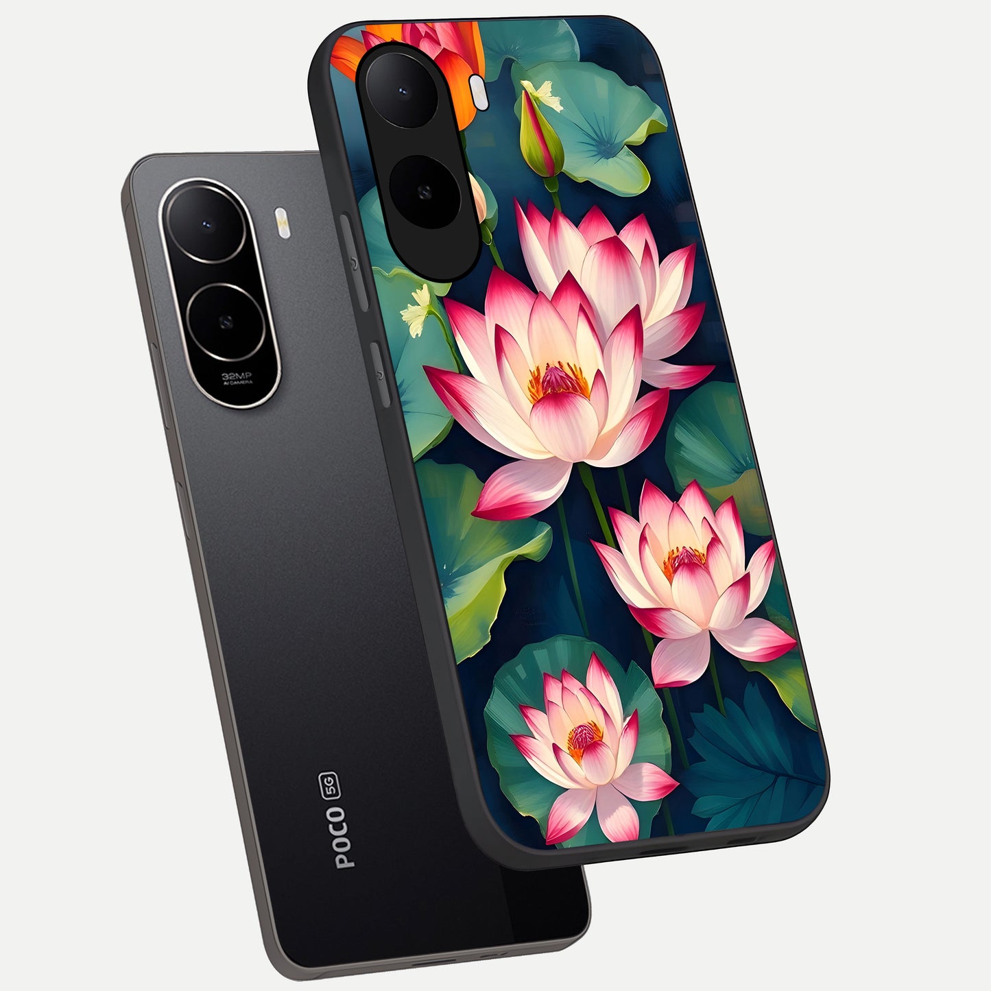  Lotus Dream Serenity phone case For Poco C85x showing premium glass back cover with detailed artwork
