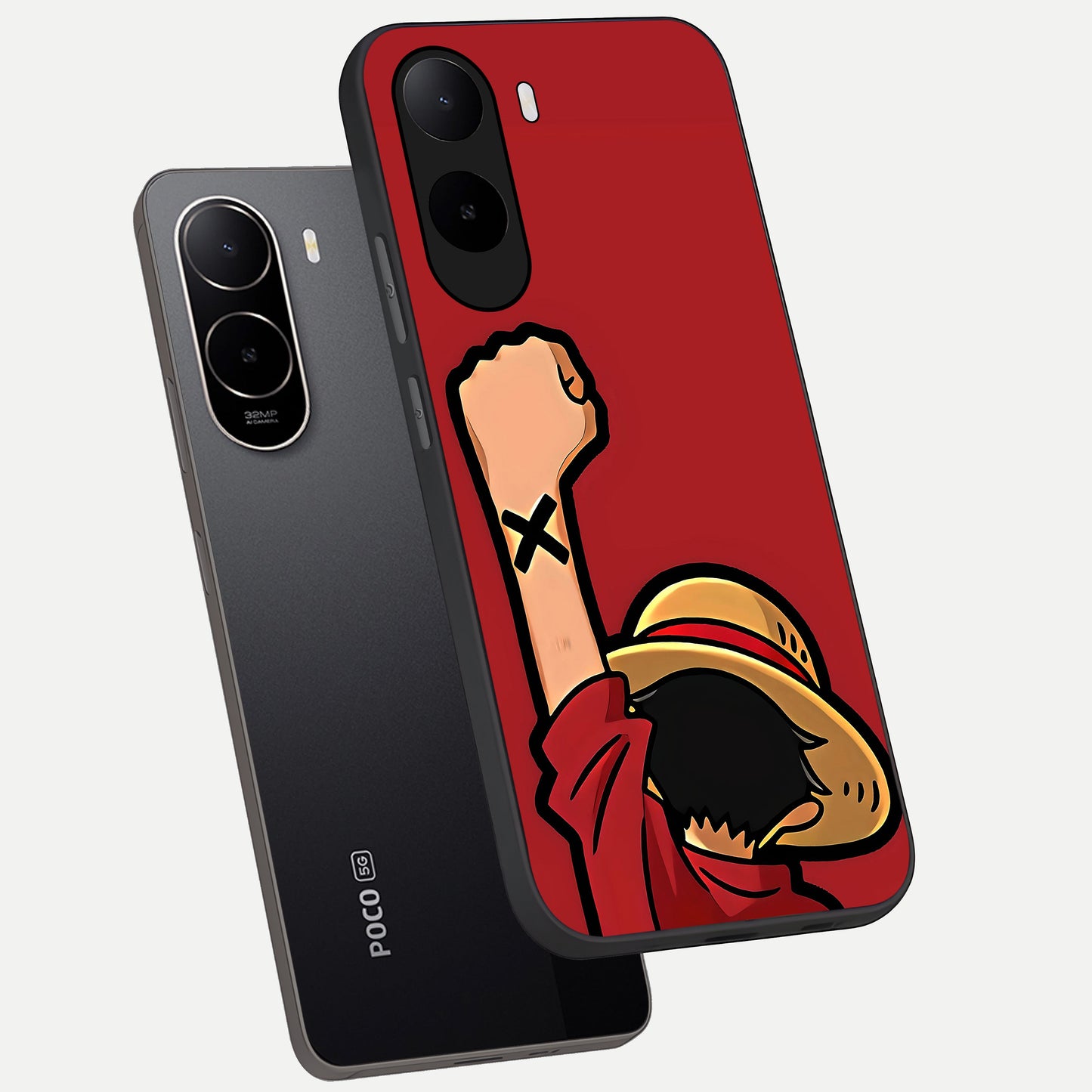  Luffy X Spirit phone case For Poco C85x showing premium glass back cover with detailed artwork