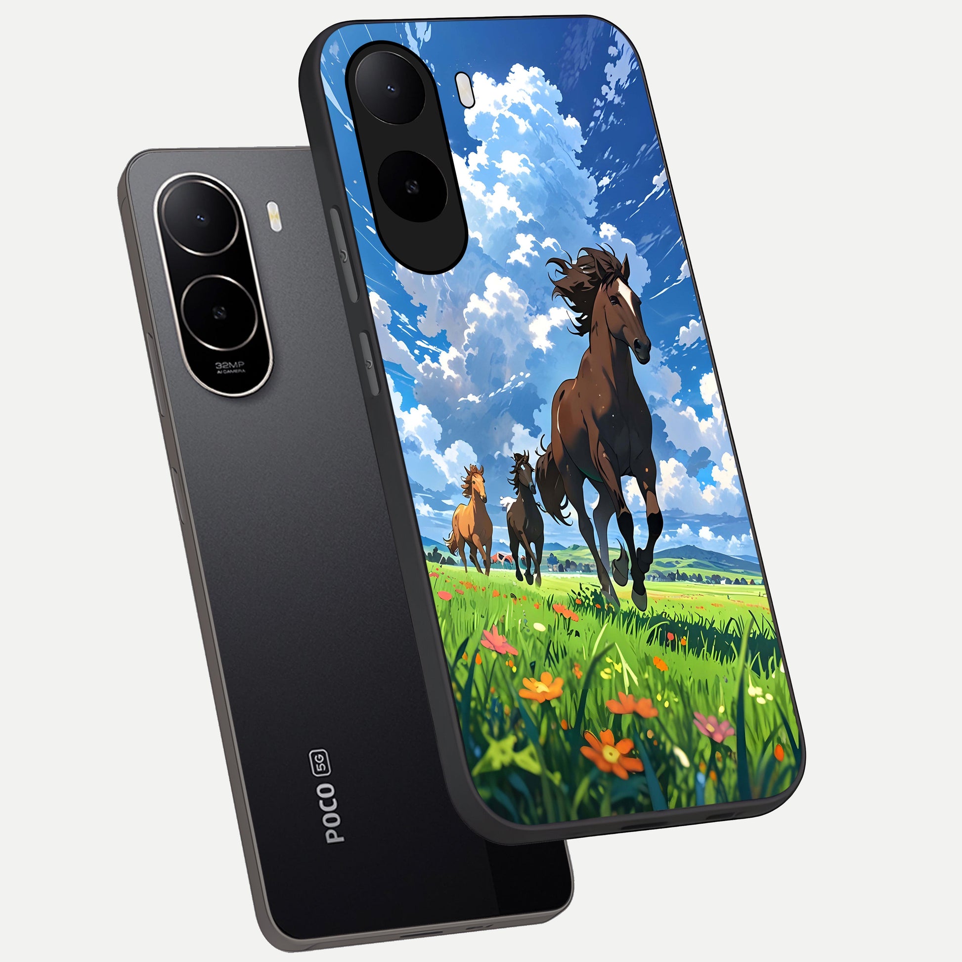  Majestic Horses Galloping phone case For Poco C85x showing premium glass back cover with detailed artwork