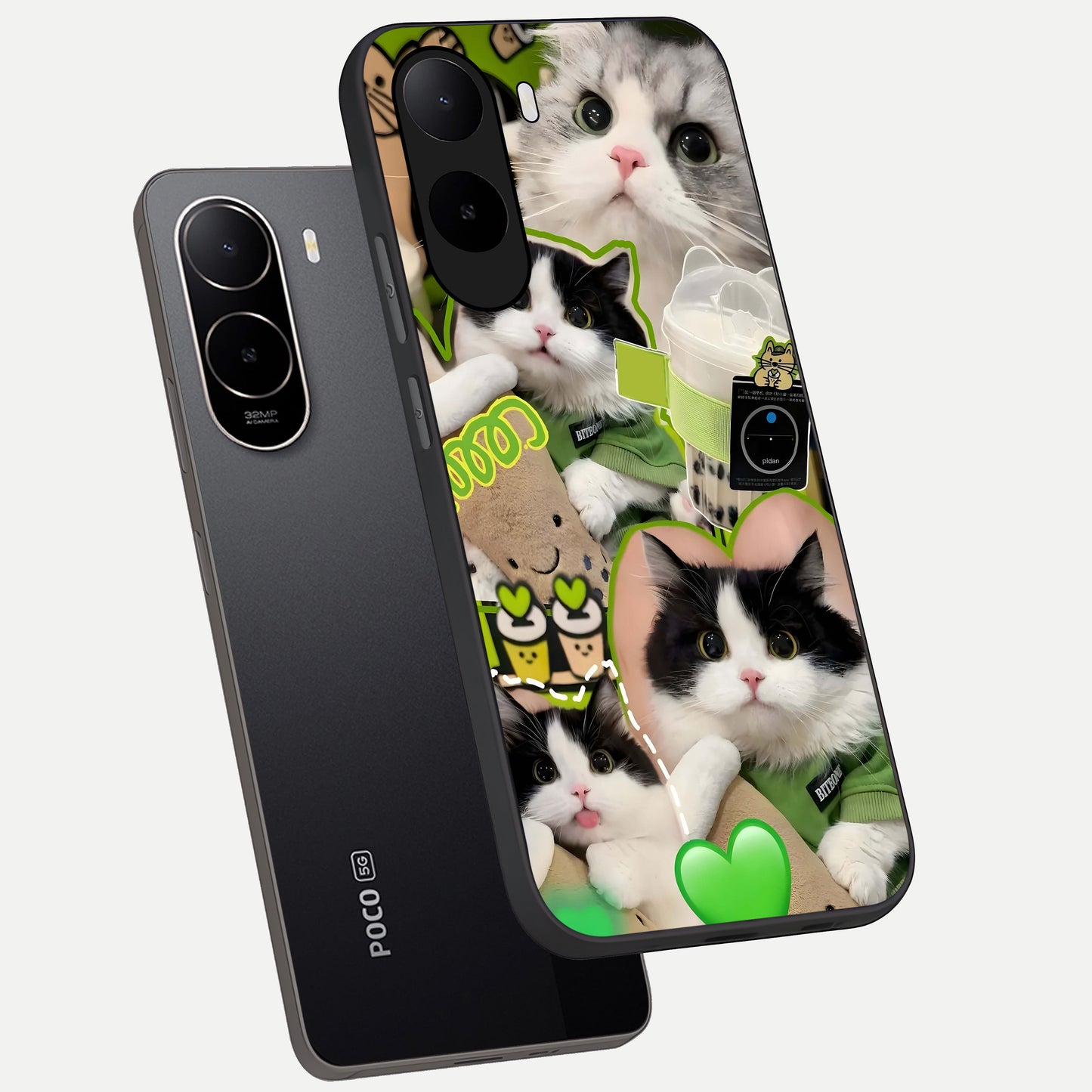  Matcha Cats Mood phone case For Poco C85x showing premium glass back cover with detailed artwork
