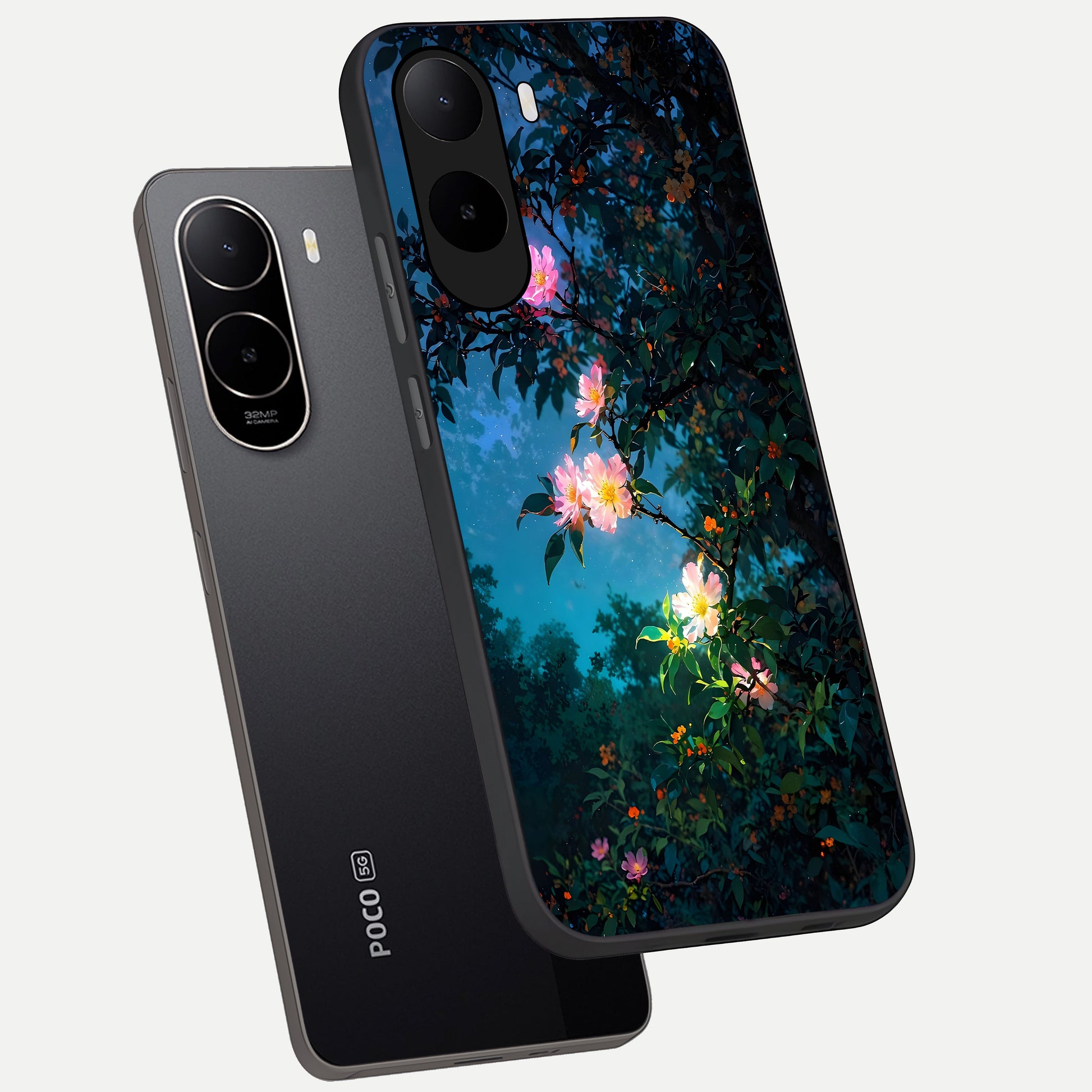  Midnight Bloom Glow phone case For Poco C85x showing premium glass back cover with detailed artwork