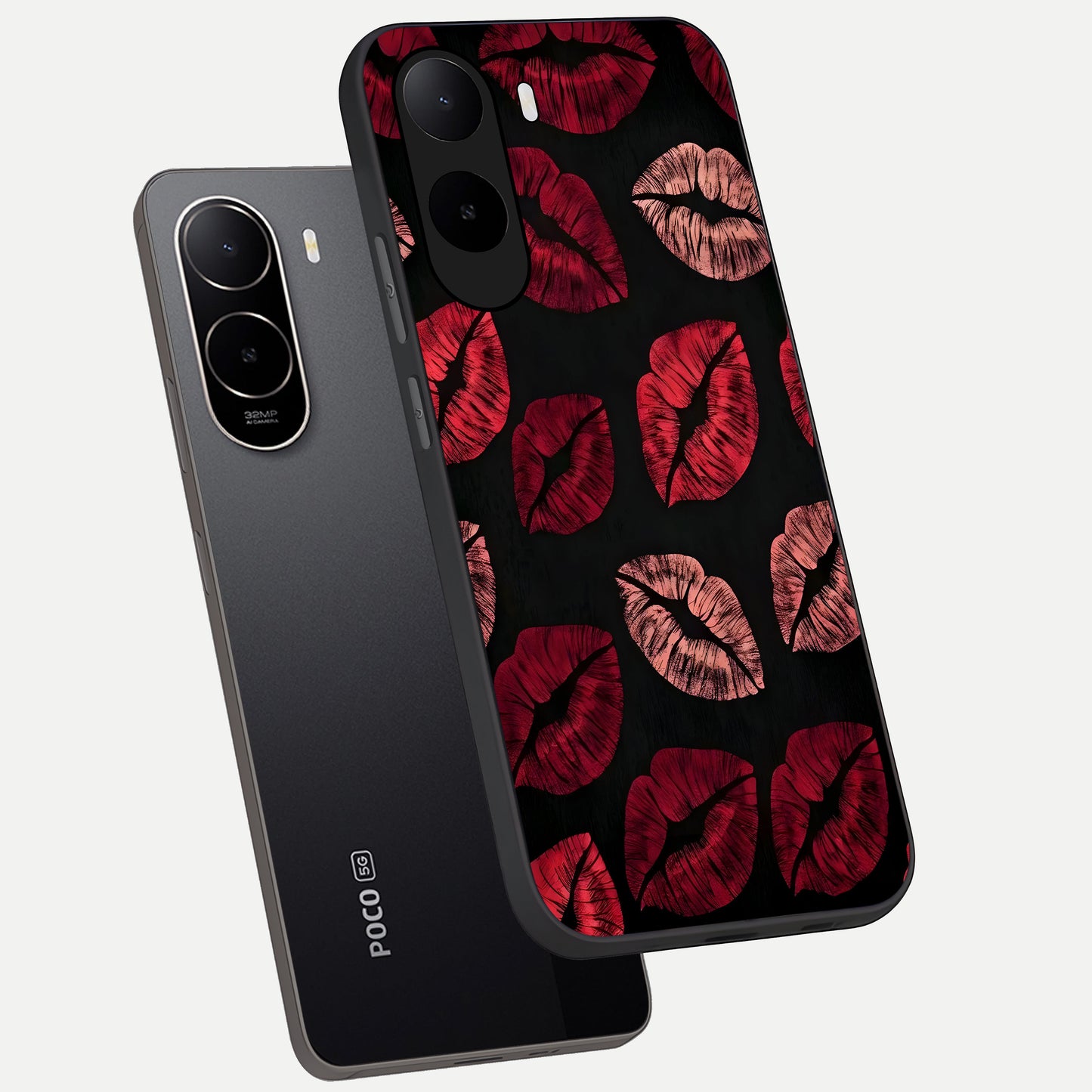  Midnight Kiss Love phone case For Poco C85x showing premium glass back cover with detailed artwork