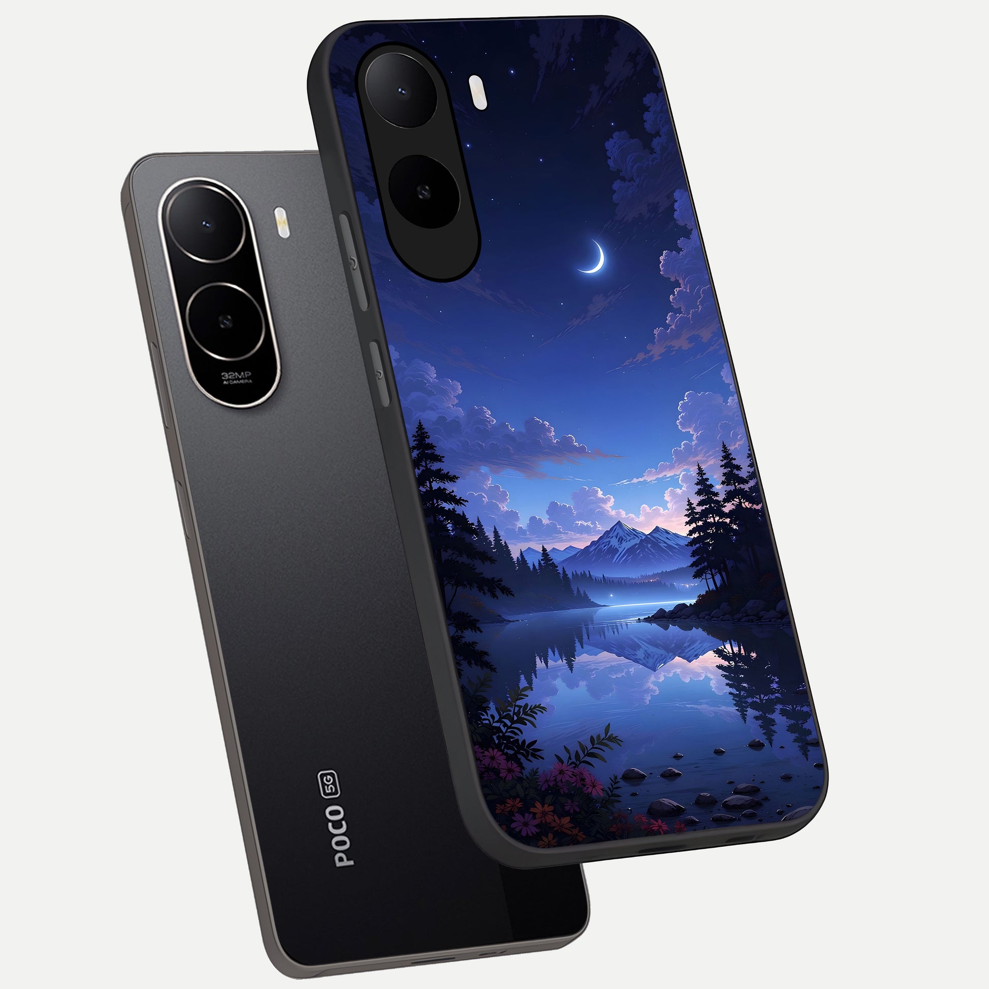  Midnight Lake Peace phone case For Poco C85x showing premium glass back cover with detailed artwork