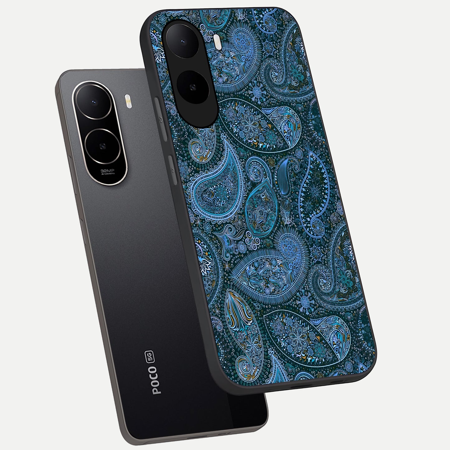  Midnight Paisley Glow phone case For Poco C85x showing premium glass back cover with detailed artwork