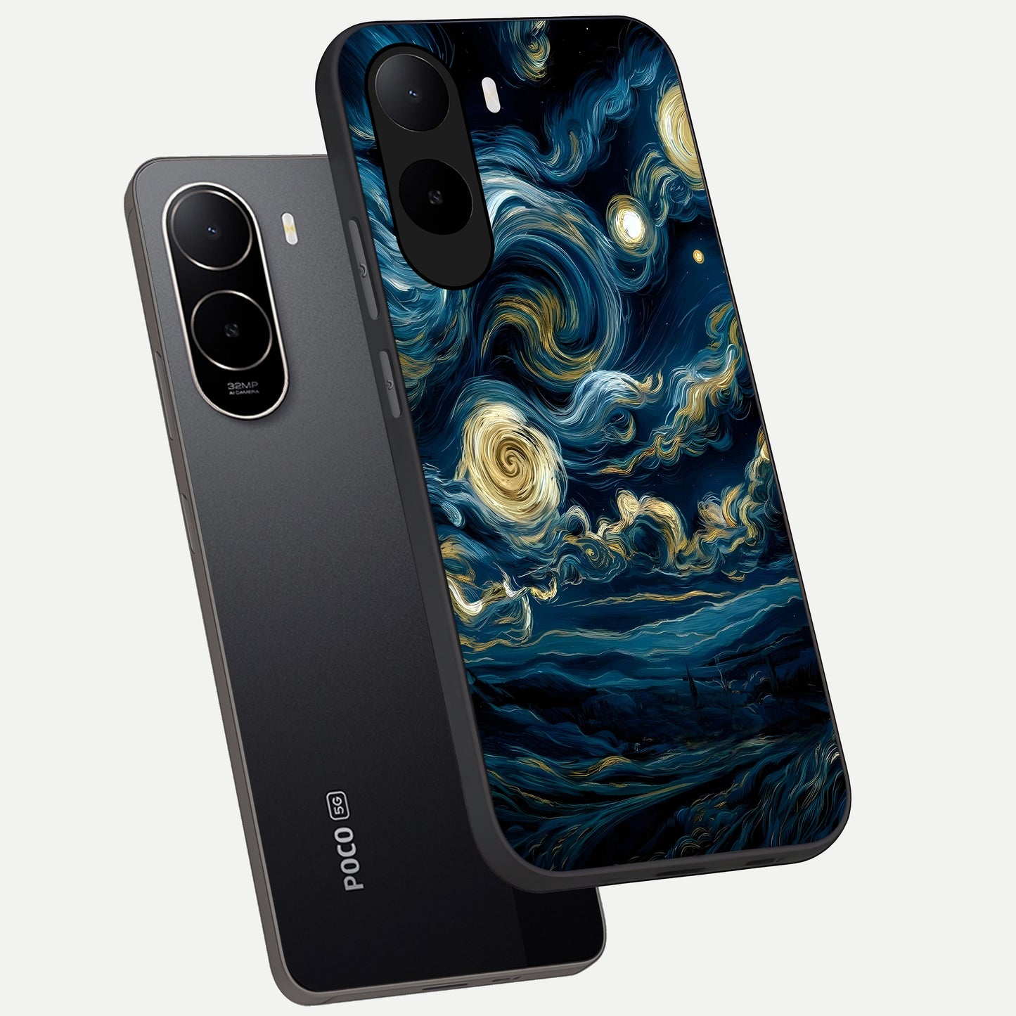  Midnight Sky Whirl phone case For Poco C85x showing premium glass back cover with detailed artwork