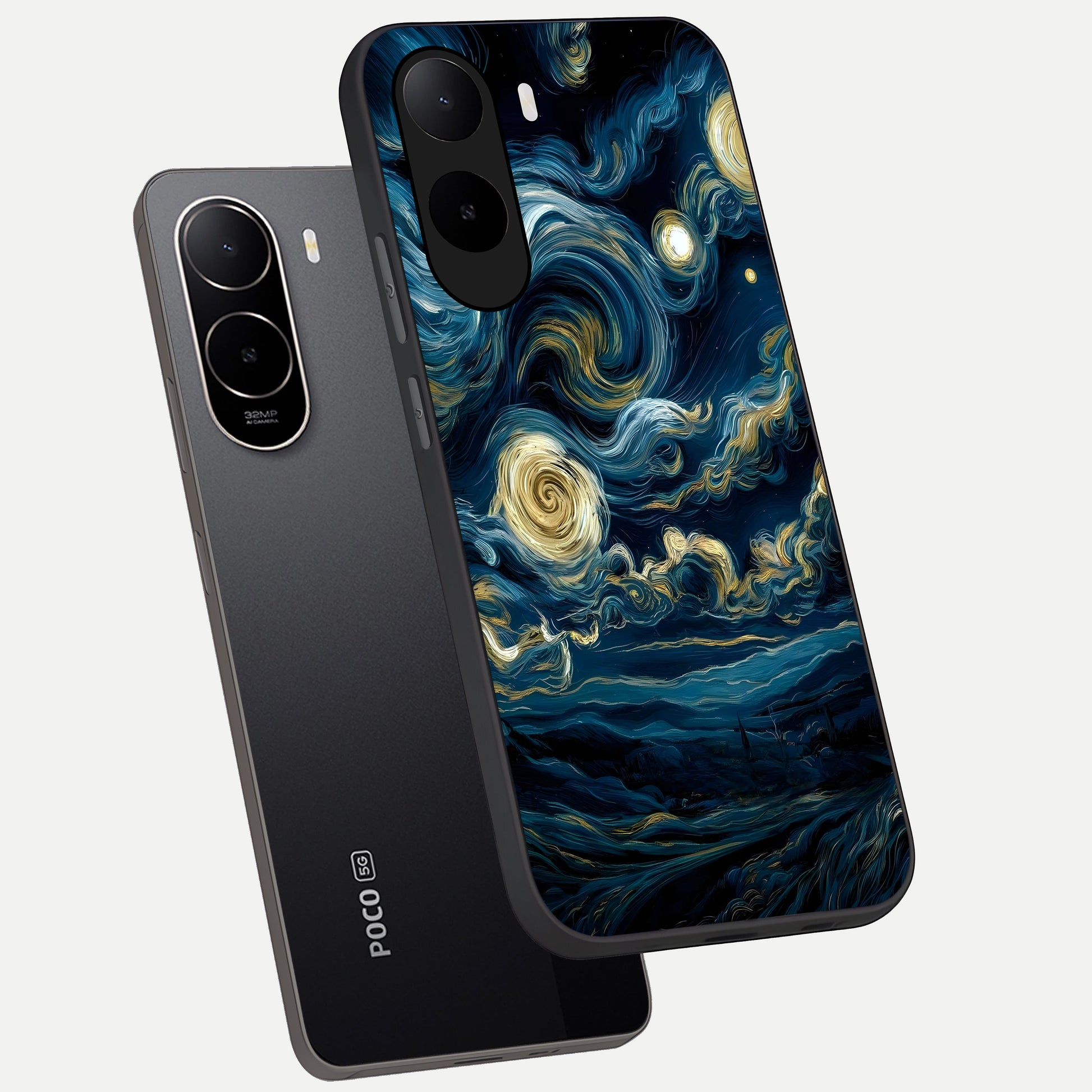  Midnight Sky Whirl phone case For Poco C85x showing premium glass back cover with detailed artwork