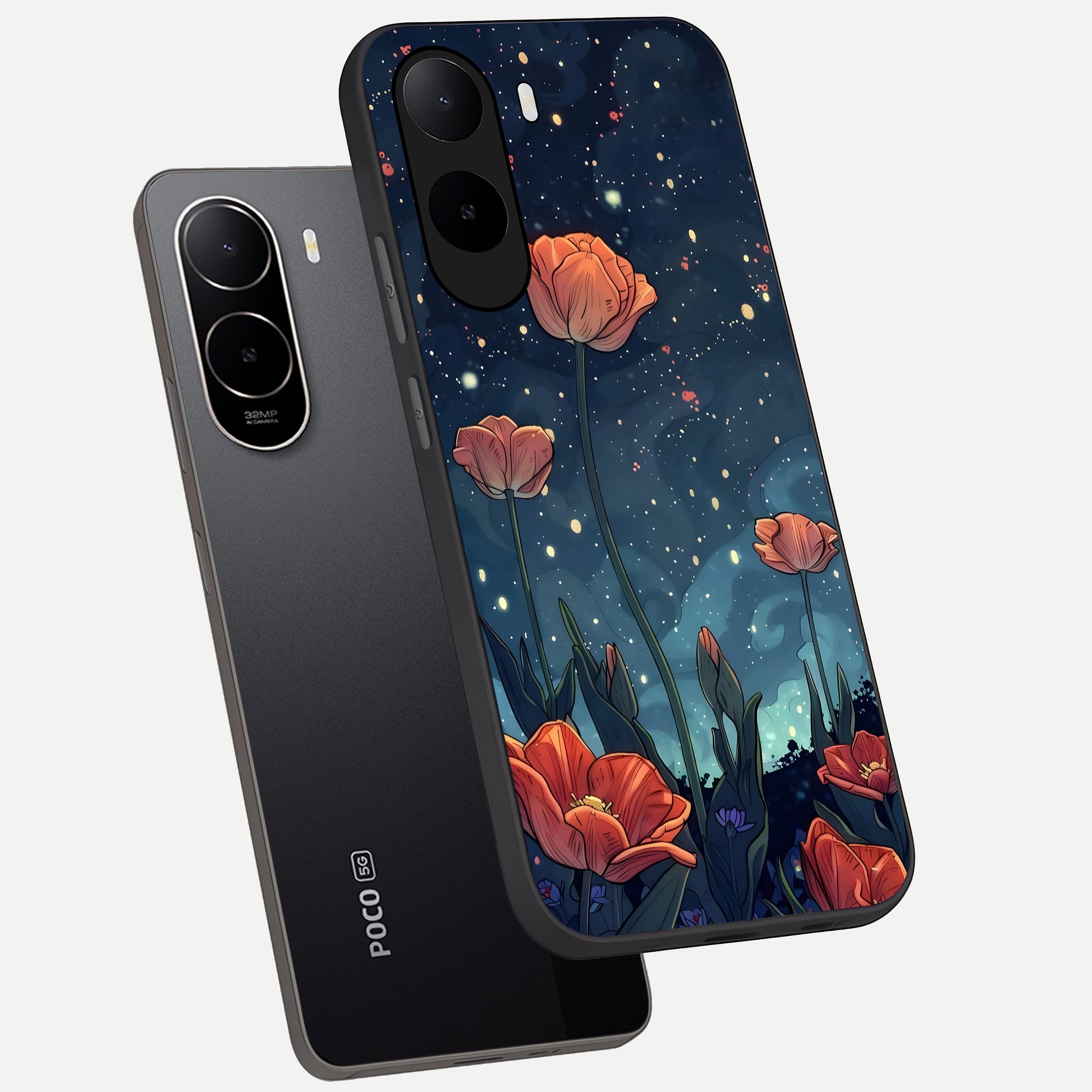  Midnight Tulip Glow phone case For Poco C85x showing premium glass back cover with detailed artwork
