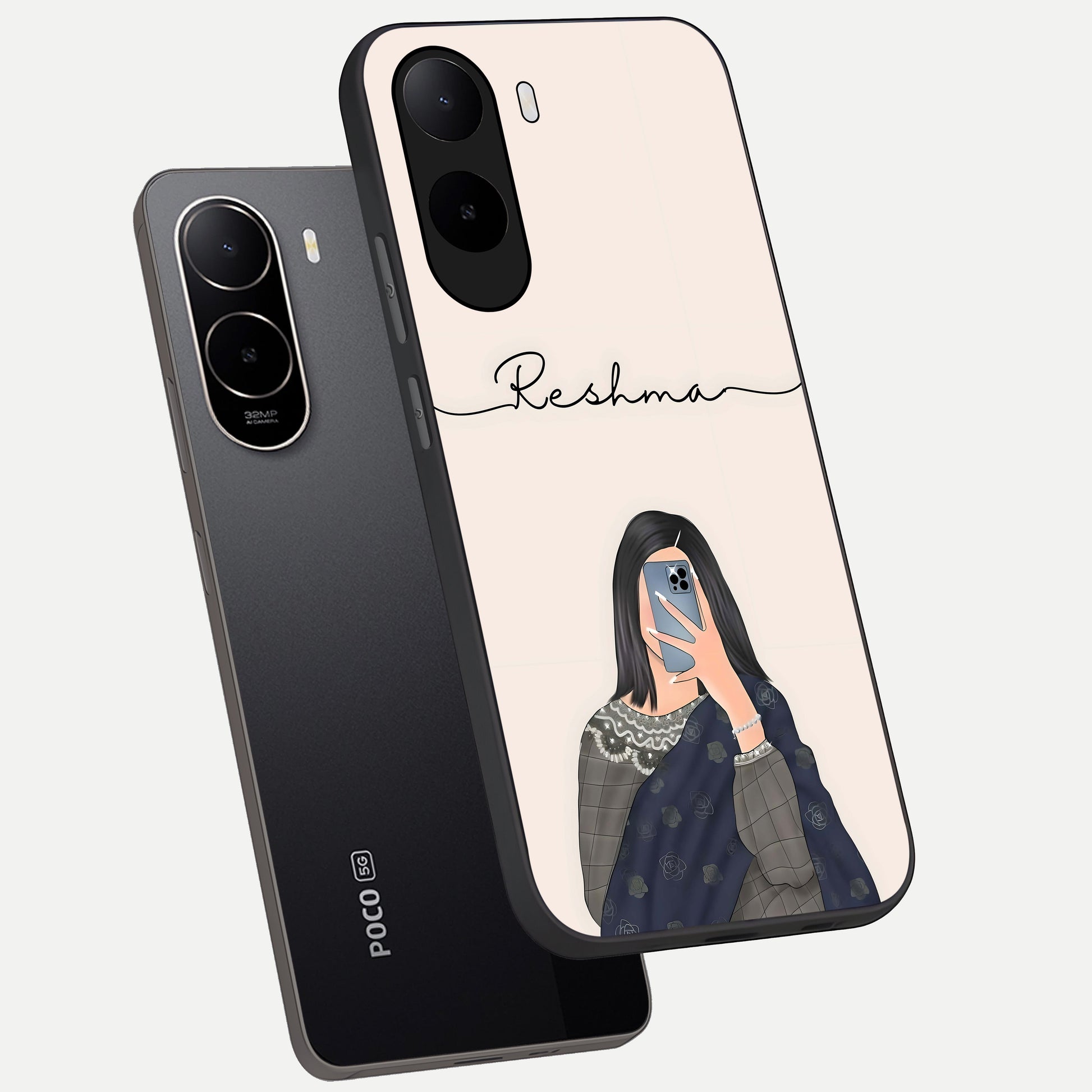  Mirror Mood Muse With Custom Name phone case For Poco C85x showing premium glass back cover with detailed artwork