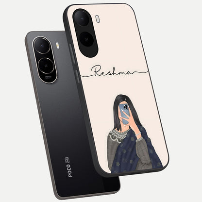  Mirror Mood Muse With Custom Name phone case For Poco C85x showing premium glass back cover with detailed artwork