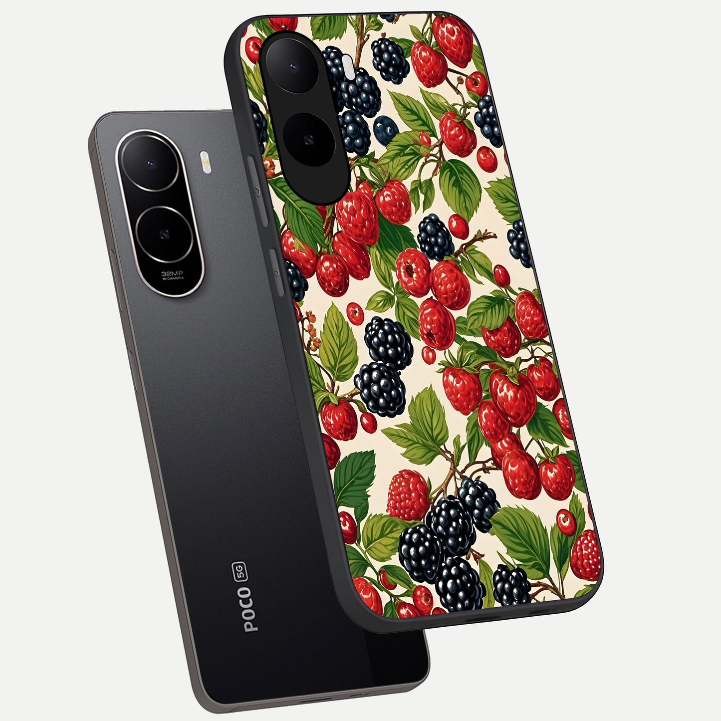  Mixed Berry Collage phone case For Poco C85x showing premium glass back cover with detailed artwork
