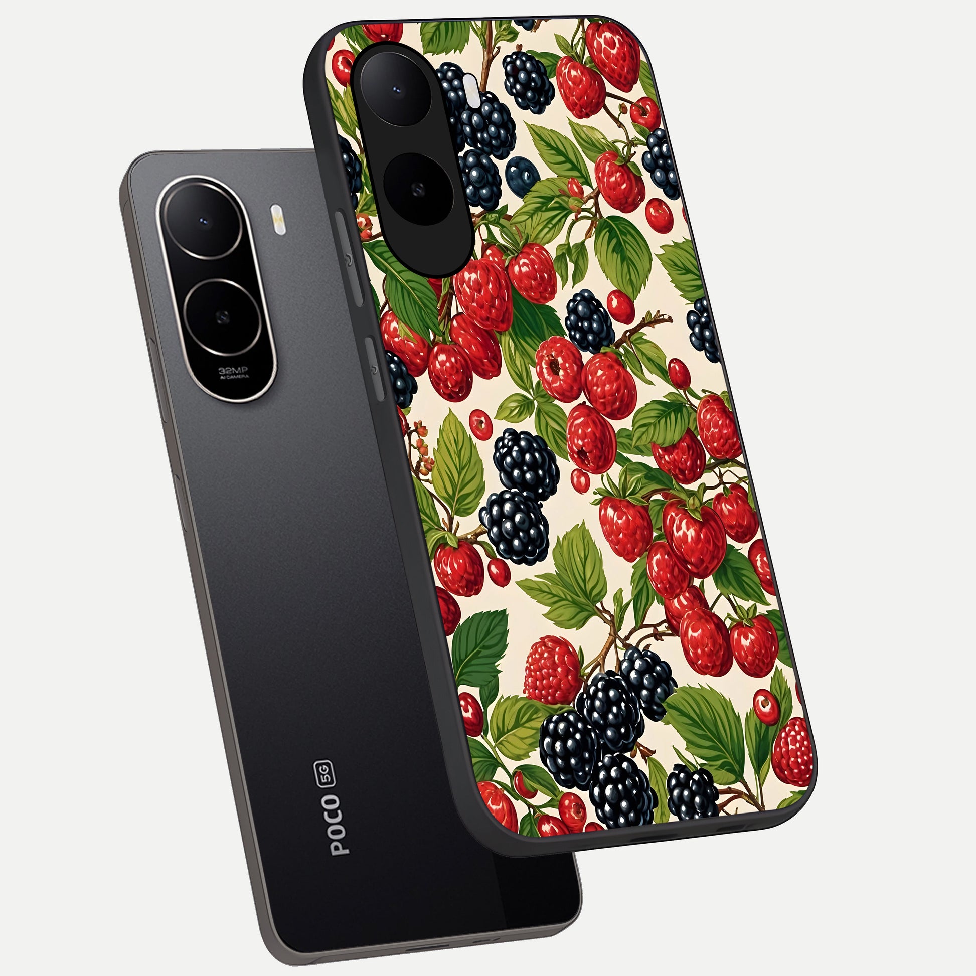  Mixed Berry Collage phone case For Poco C85x showing premium glass back cover with detailed artwork