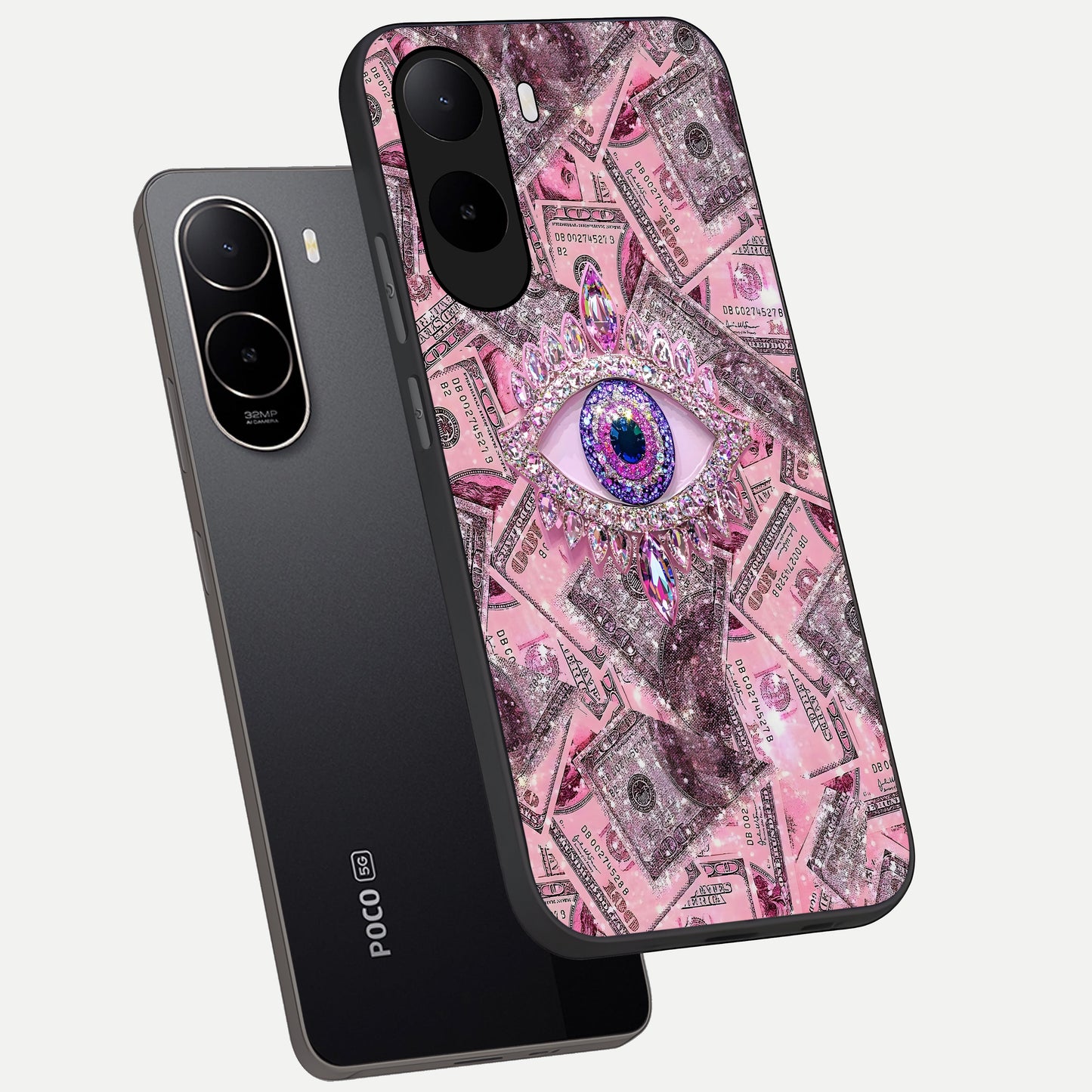  Money Eye Luxe phone case For Poco C85x showing premium glass back cover with detailed artwork