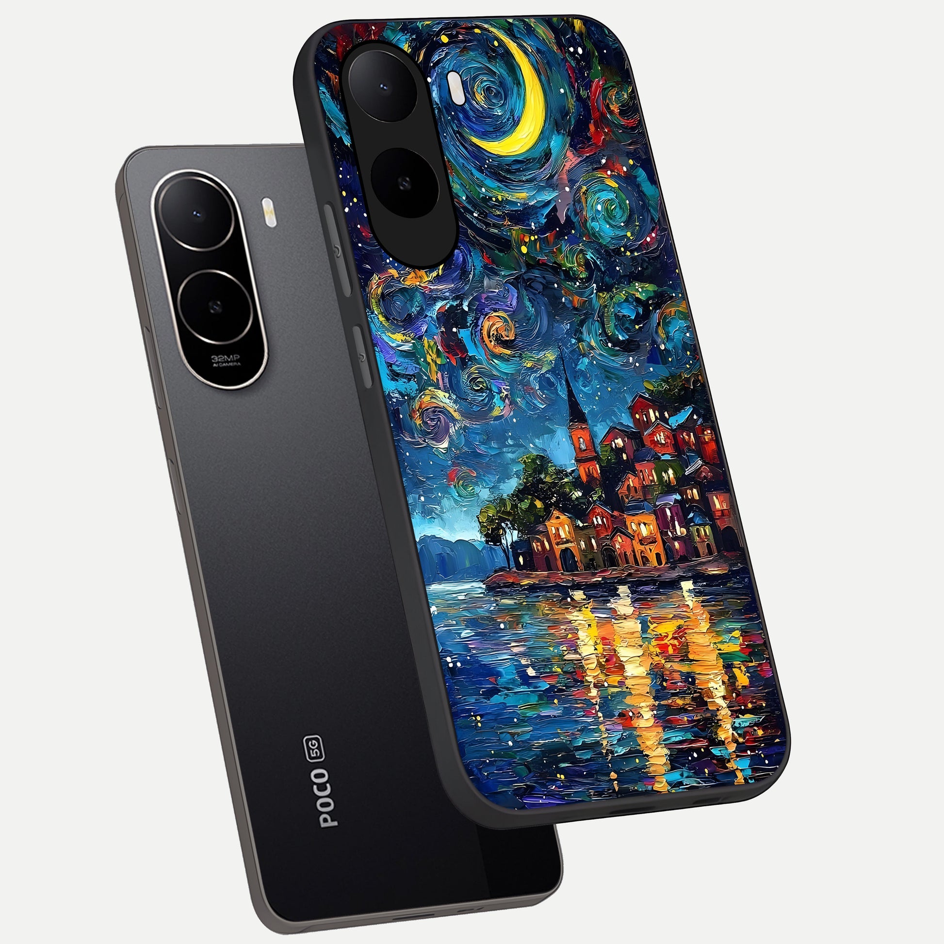  Moonlight Harbor Glow phone case For Poco C85x showing premium glass back cover with detailed artwork