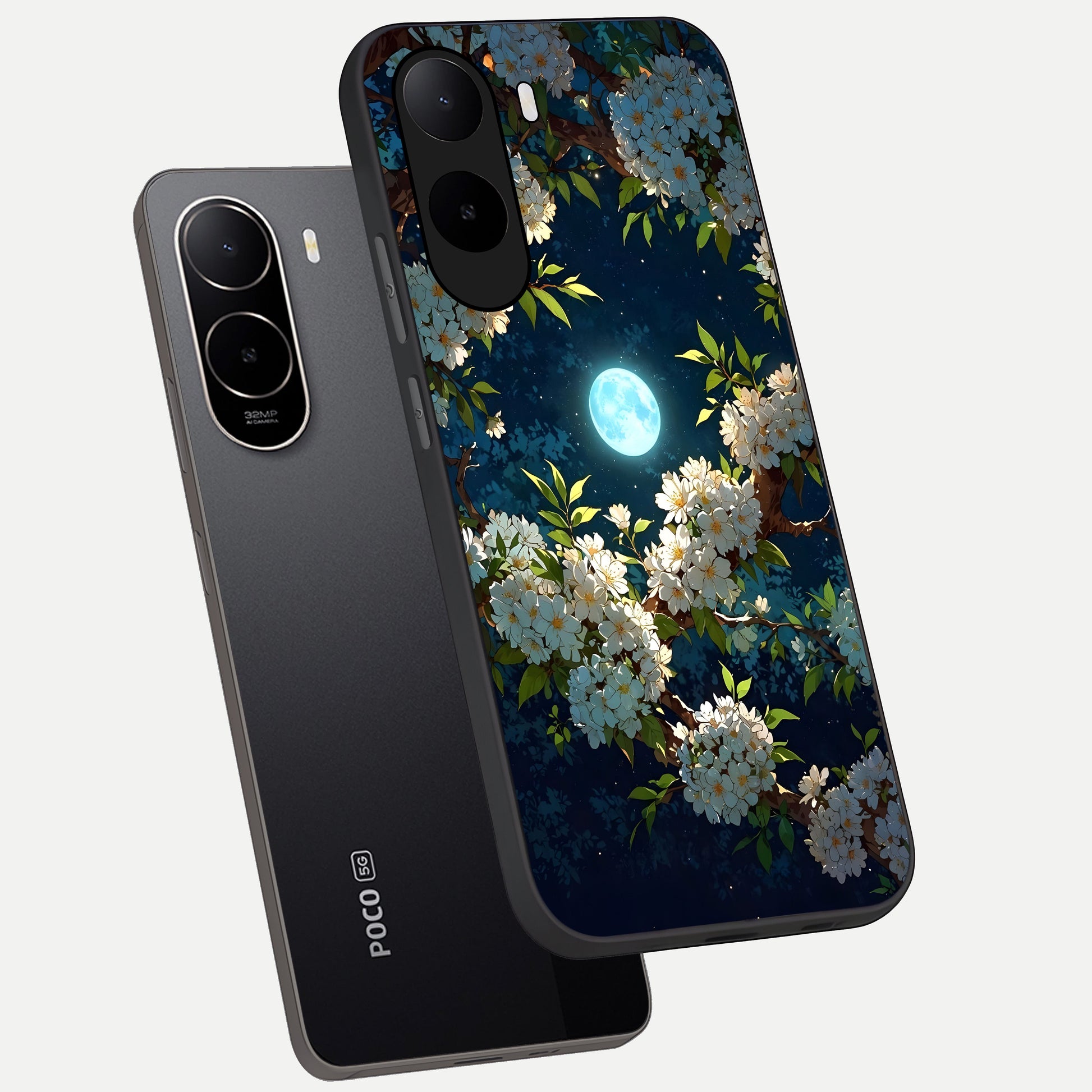  Moonlit Blossom Dream phone case For Poco C85x showing premium glass back cover with detailed artwork