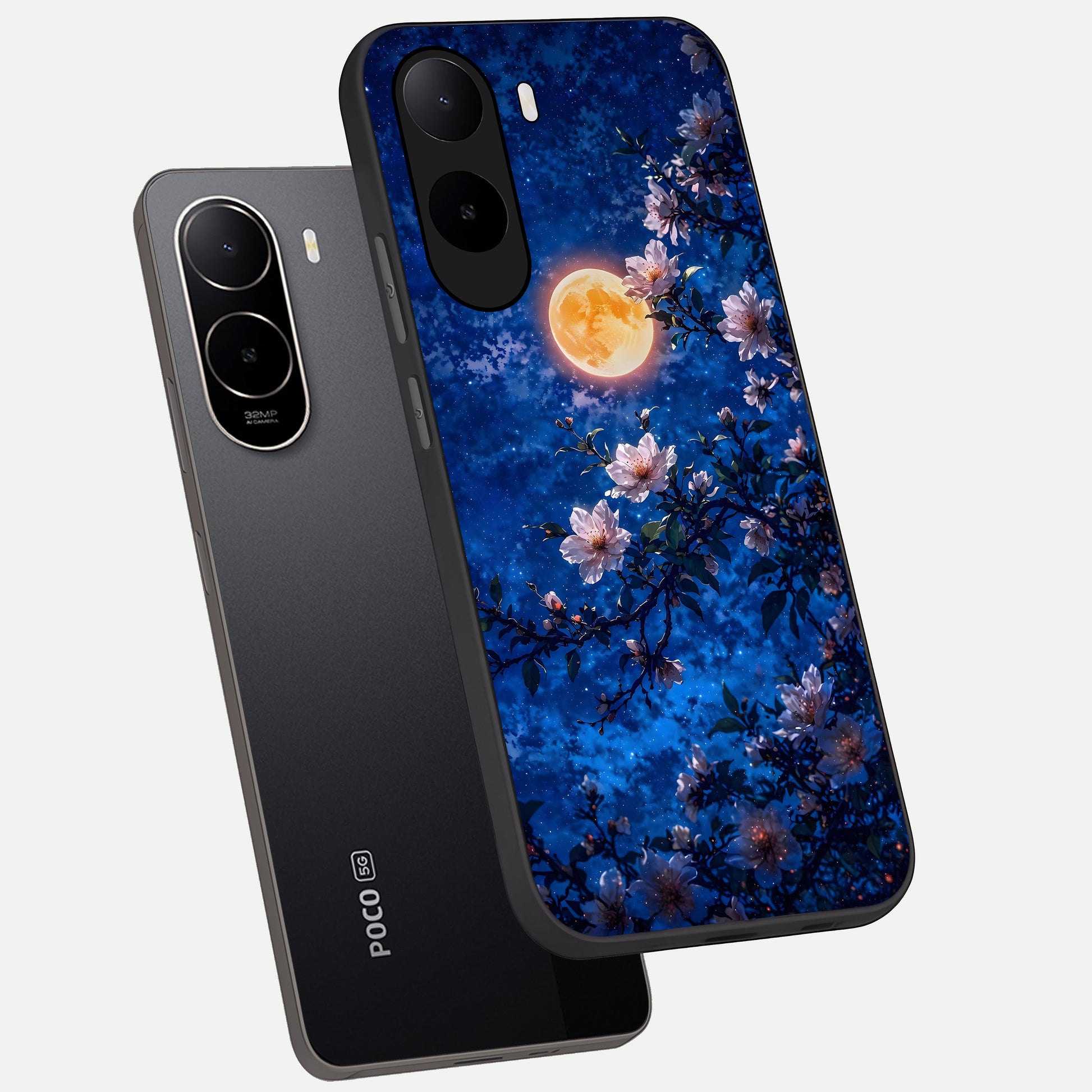  Moonlit Blossoms Night phone case For Poco C85x showing premium glass back cover with detailed artwork