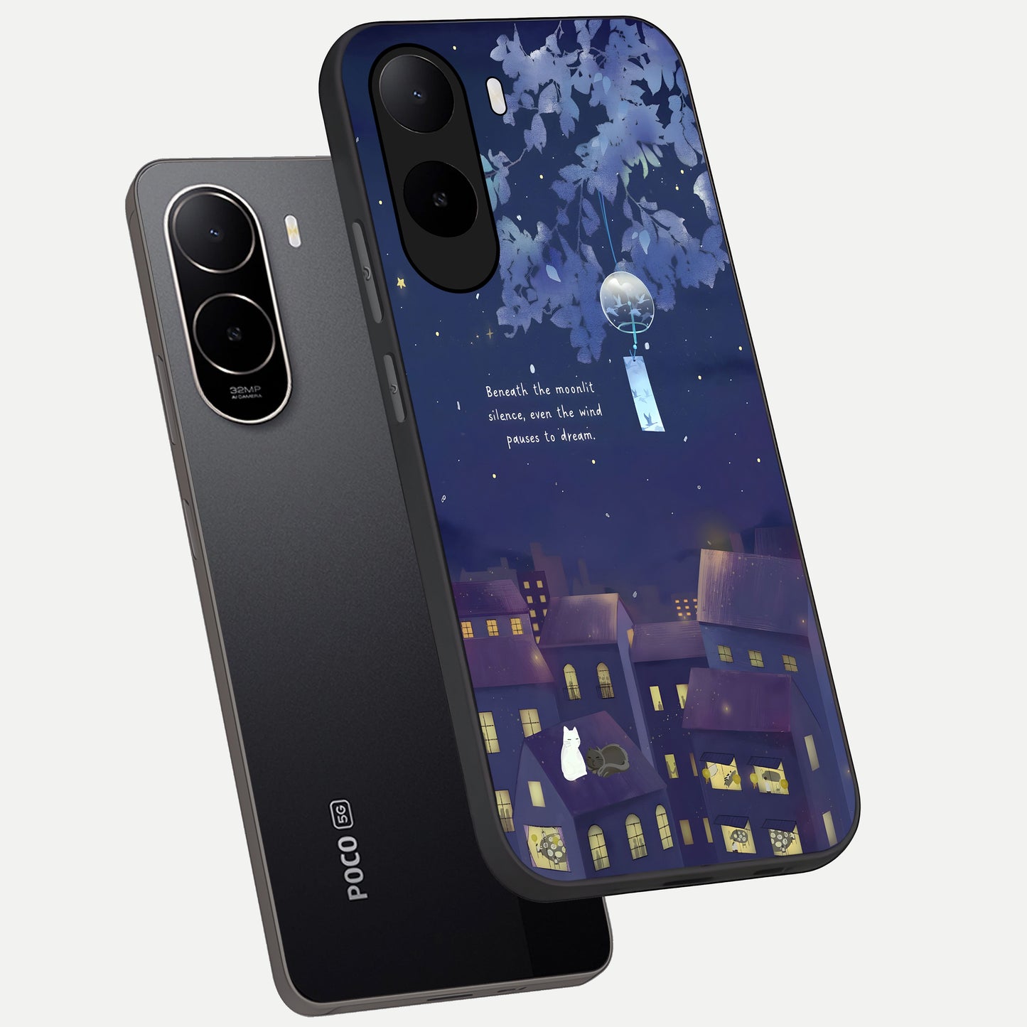  Moonlit Cat Silence phone case For Poco C85x showing premium glass back cover with detailed artwork