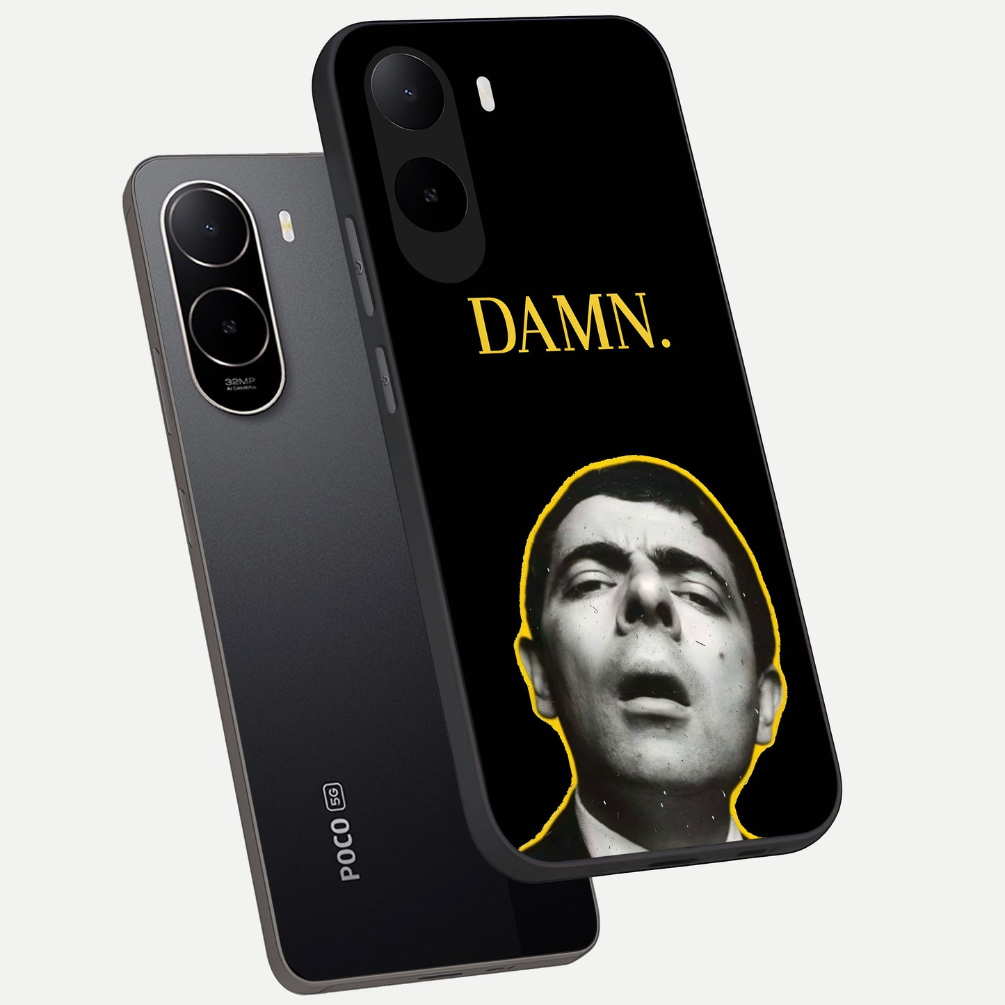  Mr Bean Damn phone case For Poco C85x showing premium glass back cover with detailed artwork