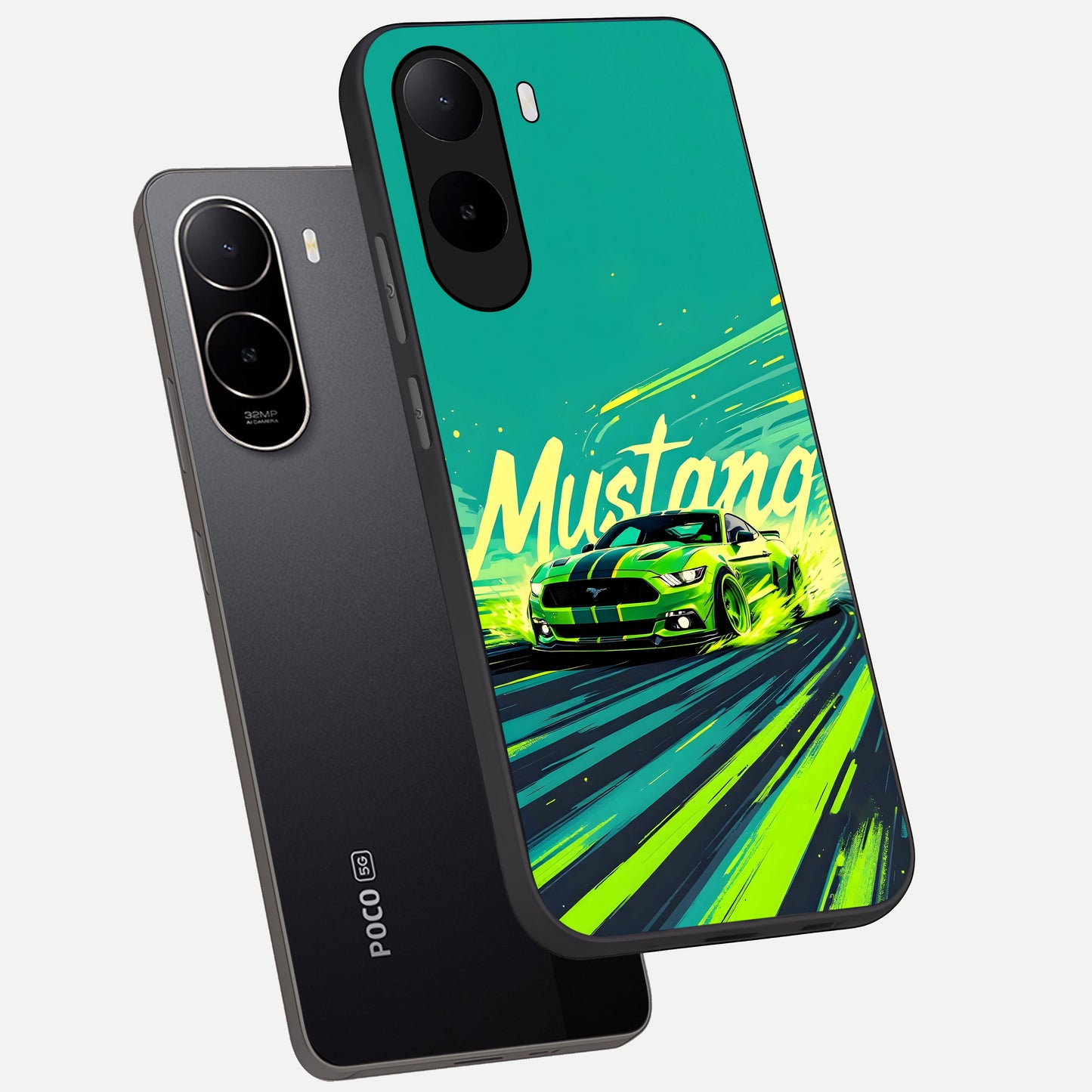  Mustang Bang phone case For Poco C85x showing premium glass back cover with detailed artwork