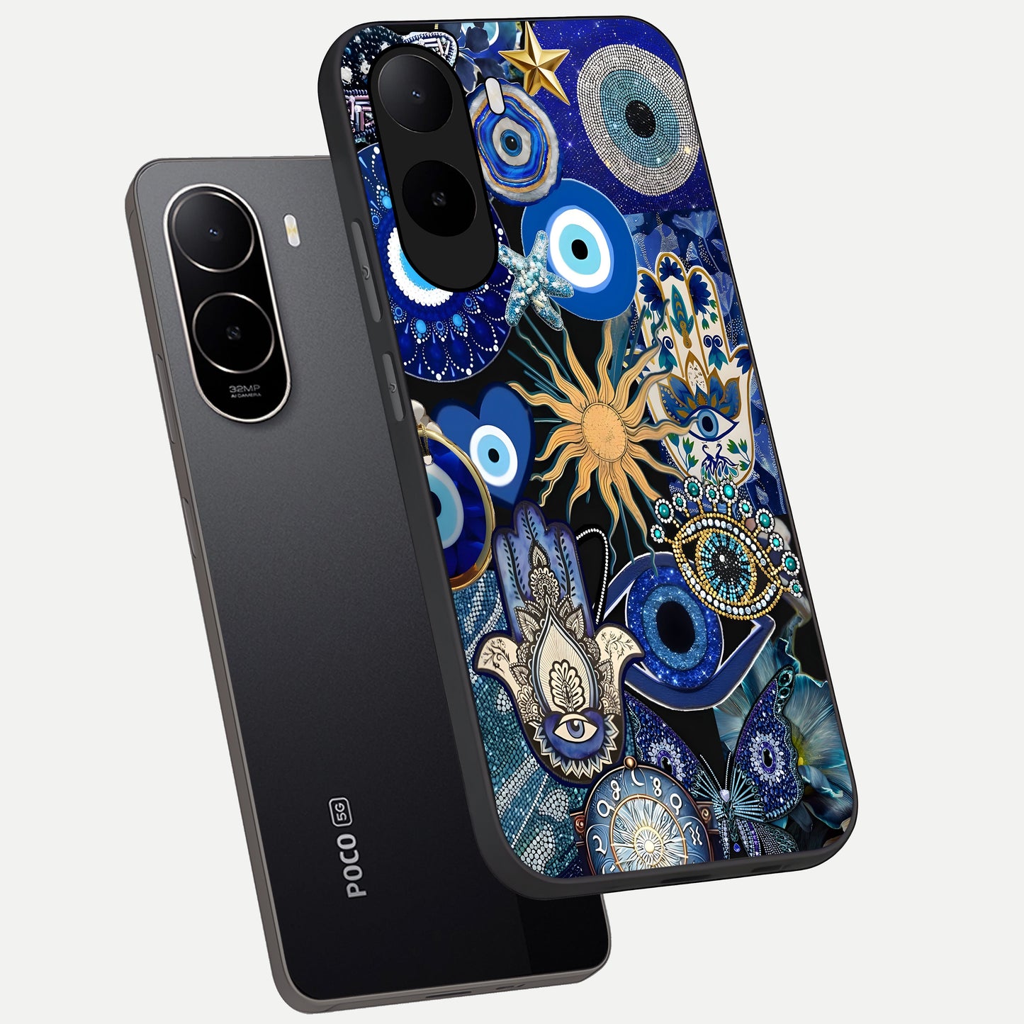 Mystic Blue Evil Eye phone case For Poco C85x showing premium glass back cover with detailed artwork