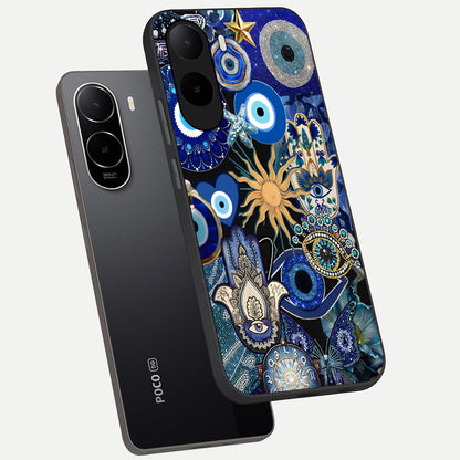  Mystic Blue Evil Eye phone case For Poco C85x showing premium glass back cover with detailed artwork