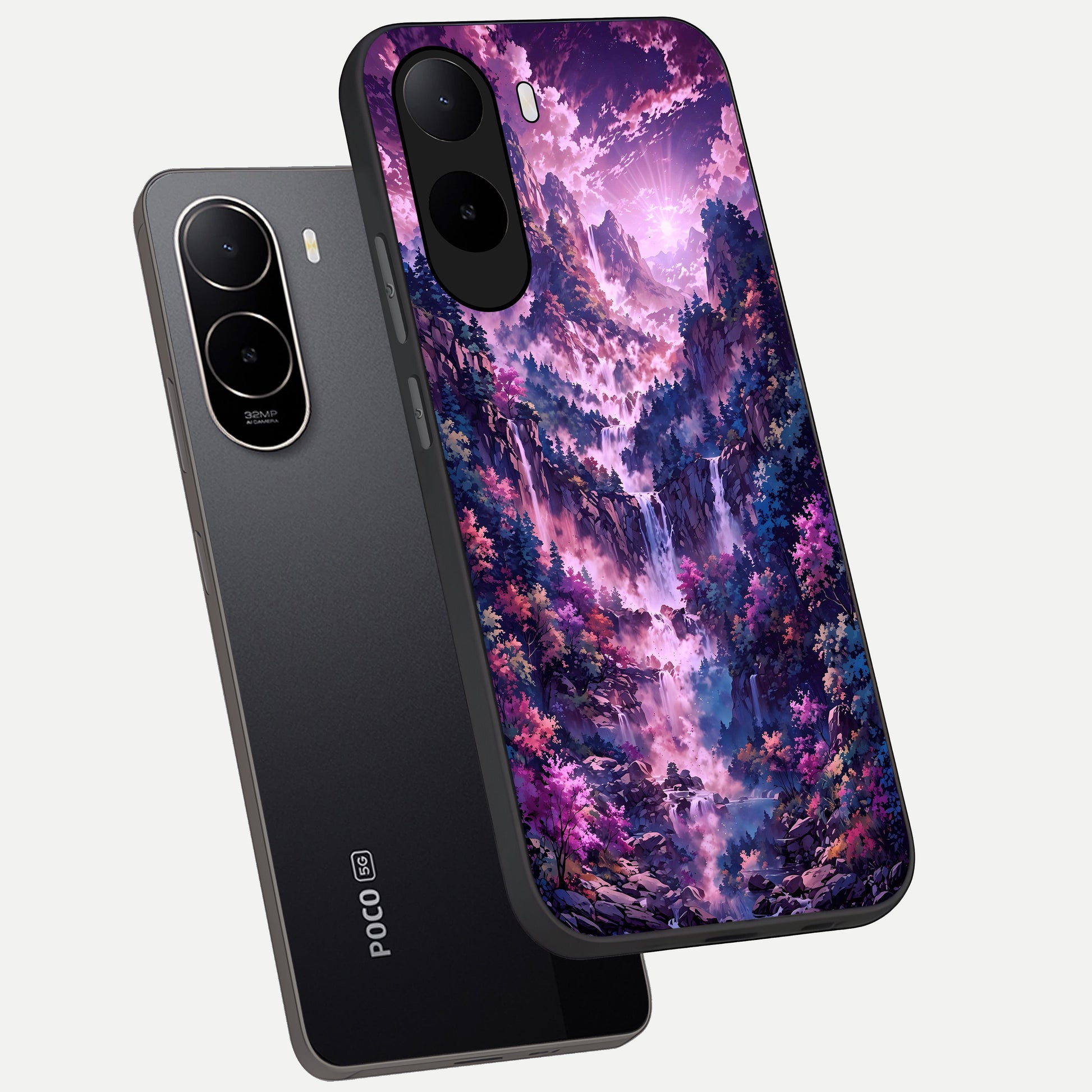  Mystic Cascade Peaks phone case For Poco C85x showing premium glass back cover with detailed artwork
