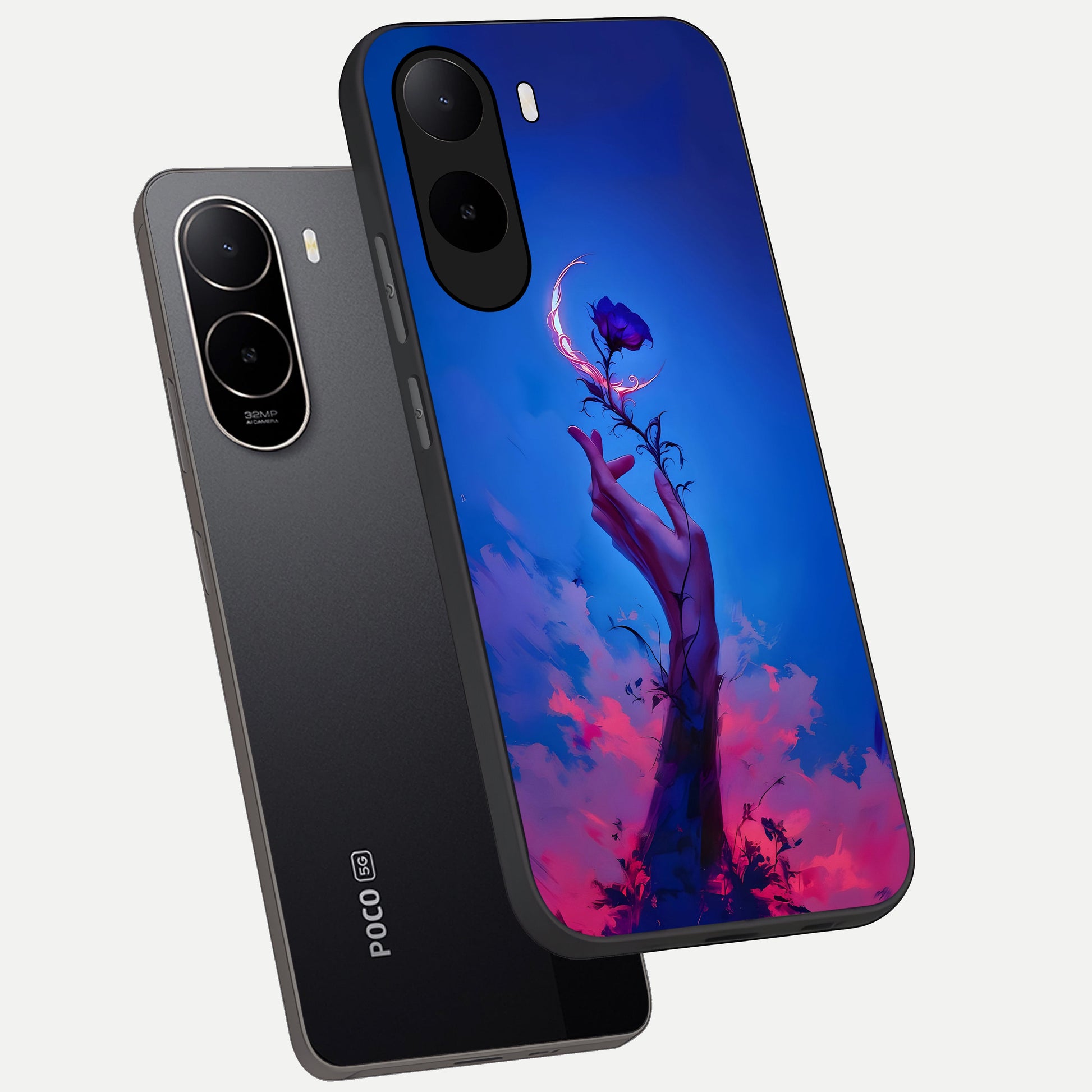  Mystic Hand phone case For Poco C85x showing premium glass back cover with detailed artwork