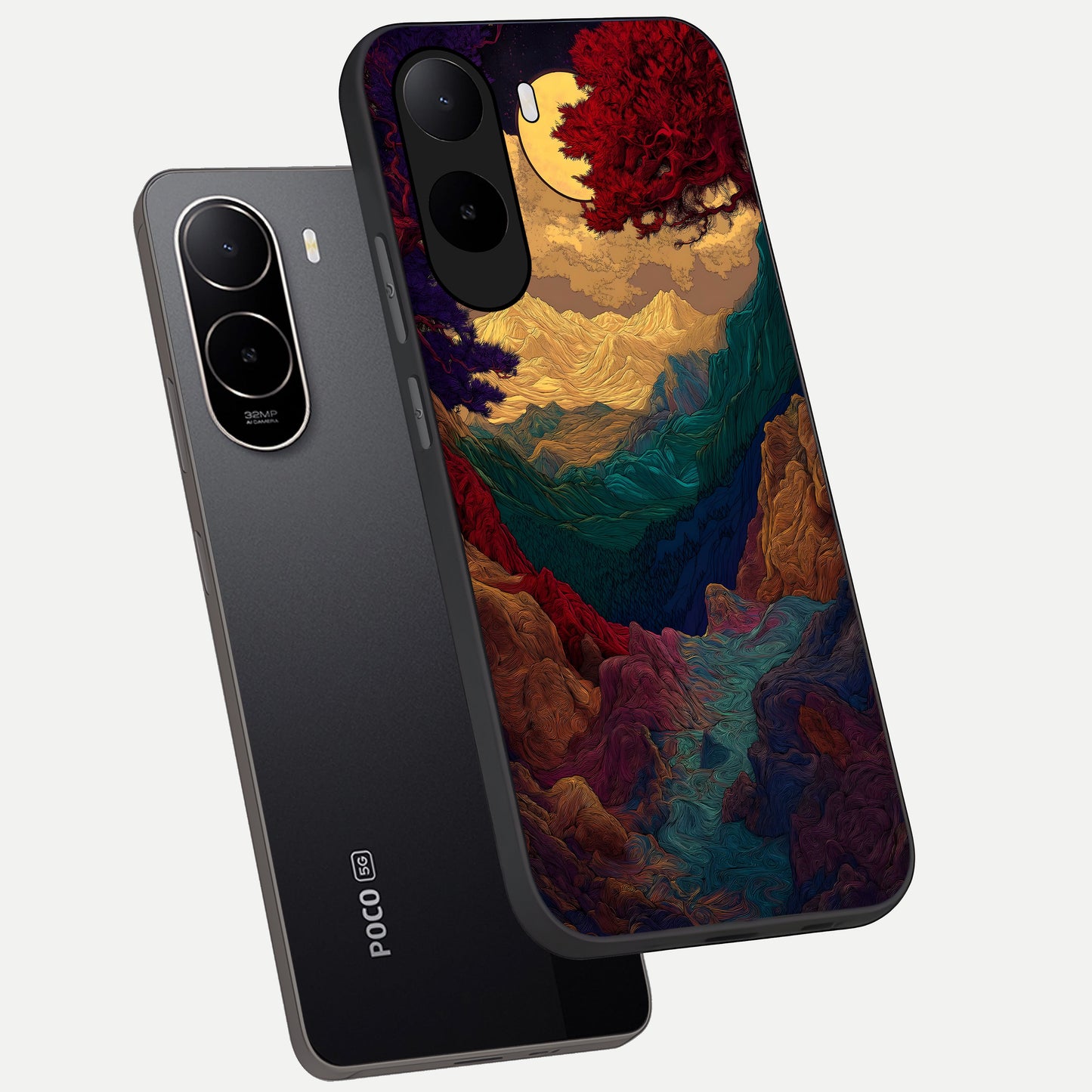  Mystic Valley Light phone case For Poco C85x showing premium glass back cover with detailed artwork