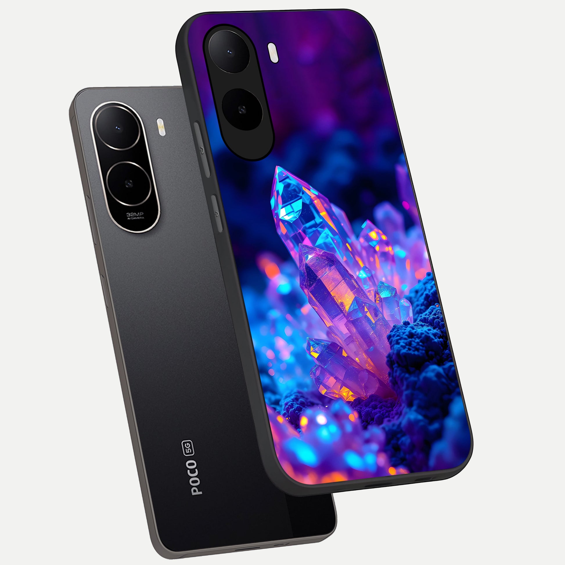  Neon Aura Shards phone case For Poco C85x showing premium glass back cover with detailed artwork