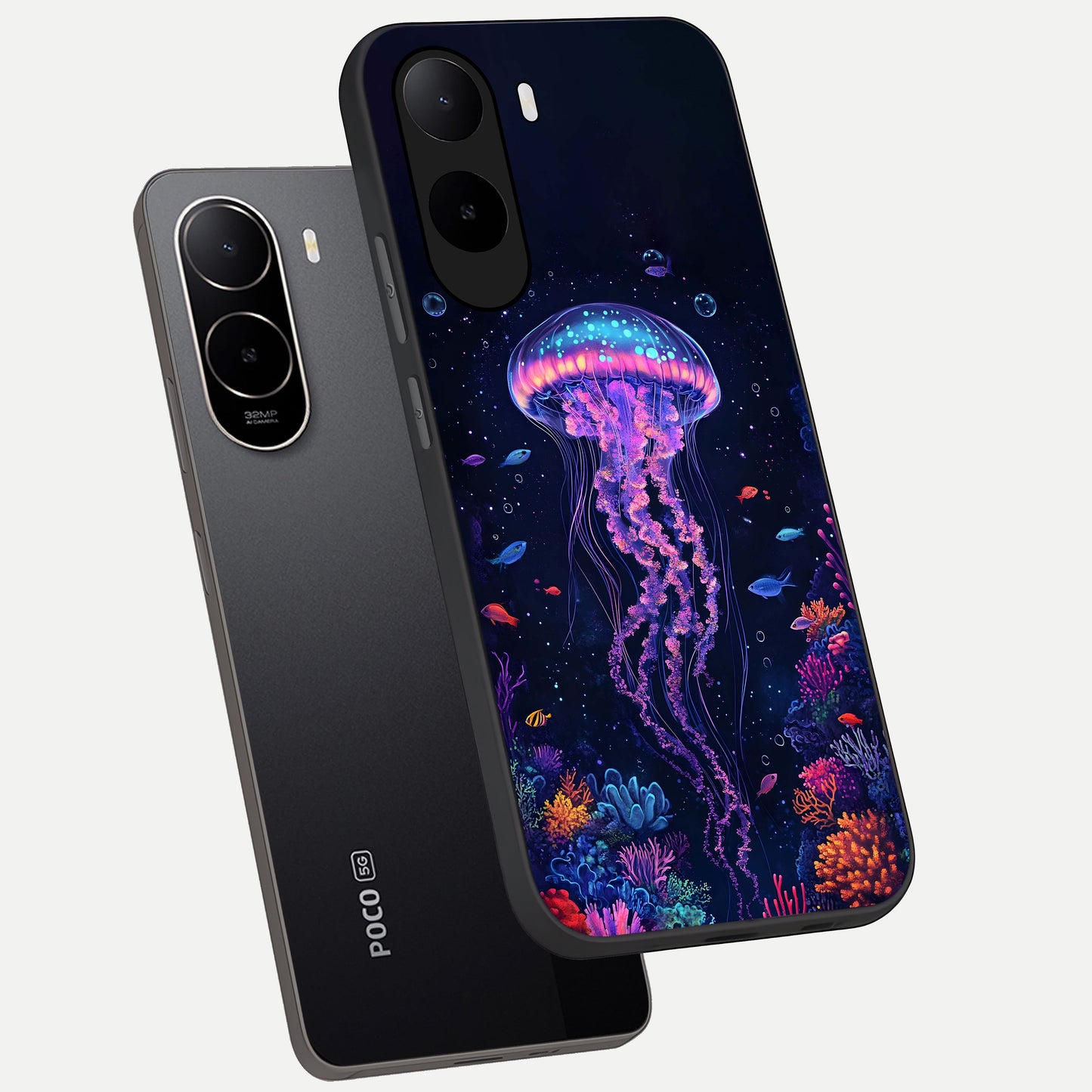  Neon Jellyfish phone case For Poco C85x showing premium glass back cover with detailed artwork