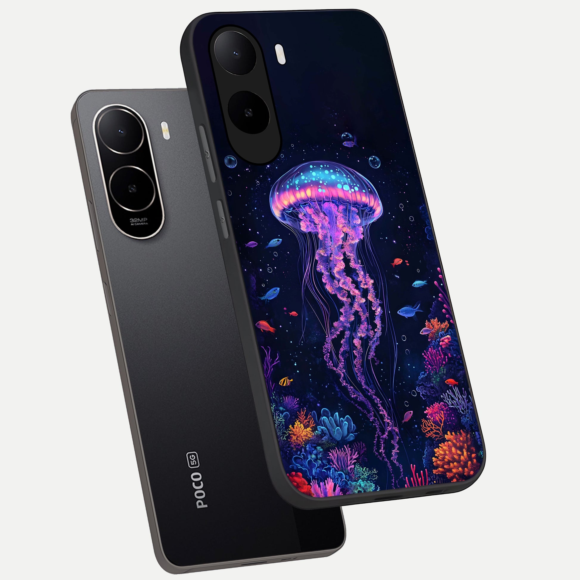  Neon Jellyfish phone case For Poco C85x showing premium glass back cover with detailed artwork