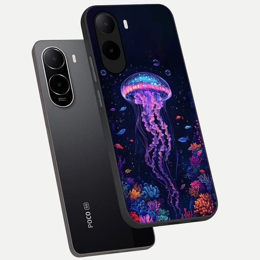  Neon Jellyfish phone case For Poco C85x showing premium glass back cover with detailed artwork