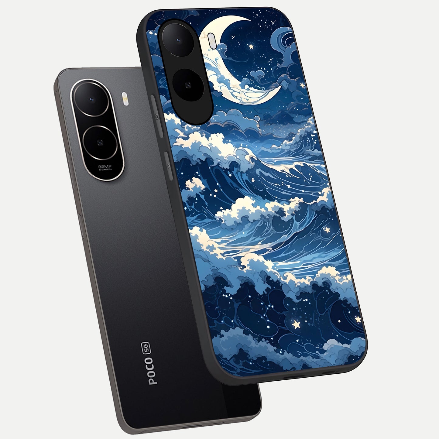  Ocean Moon Waves phone case For Poco C85x showing premium glass back cover with detailed artwork