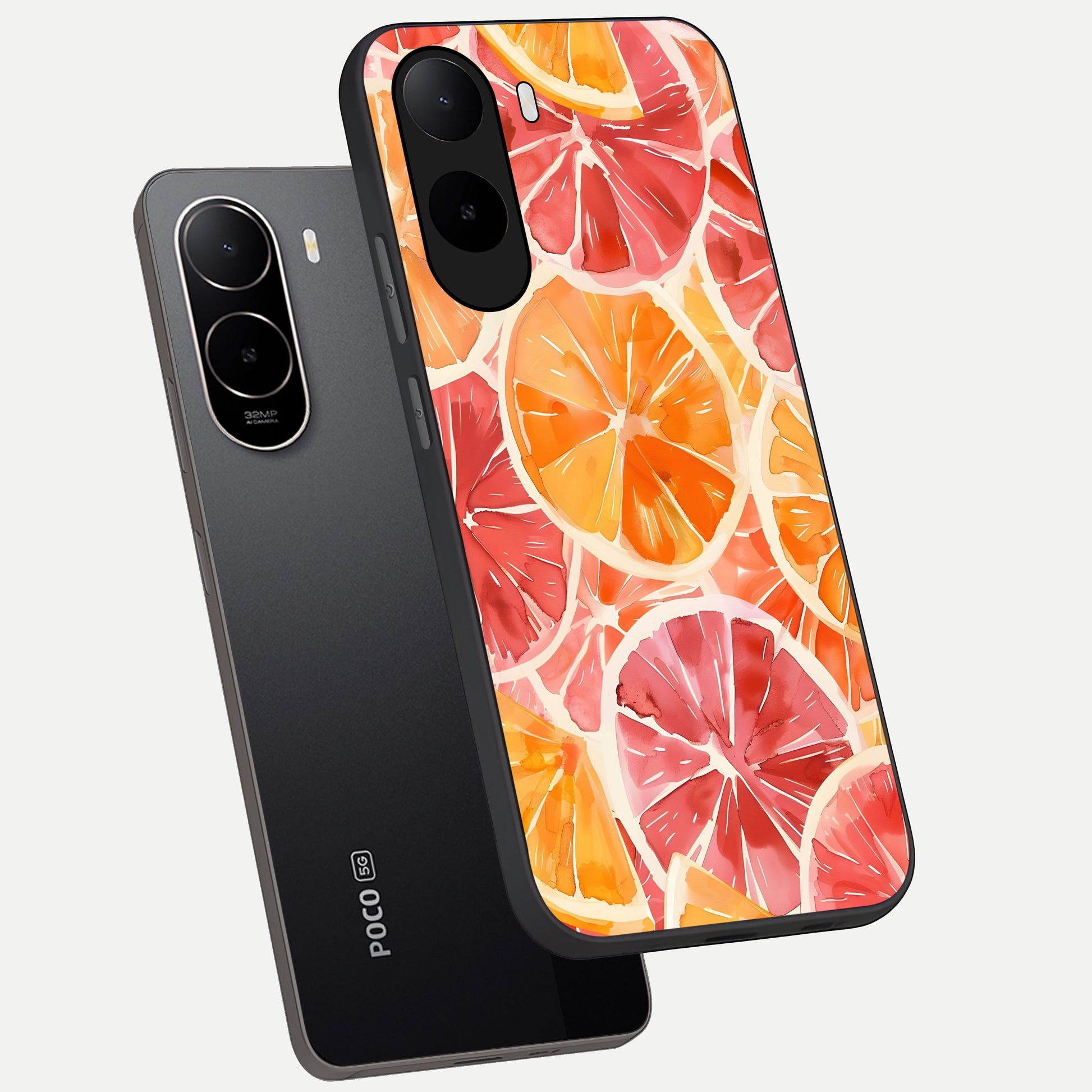  Orange Fruits Pattern phone case For Poco C85x showing premium glass back cover with detailed artwork