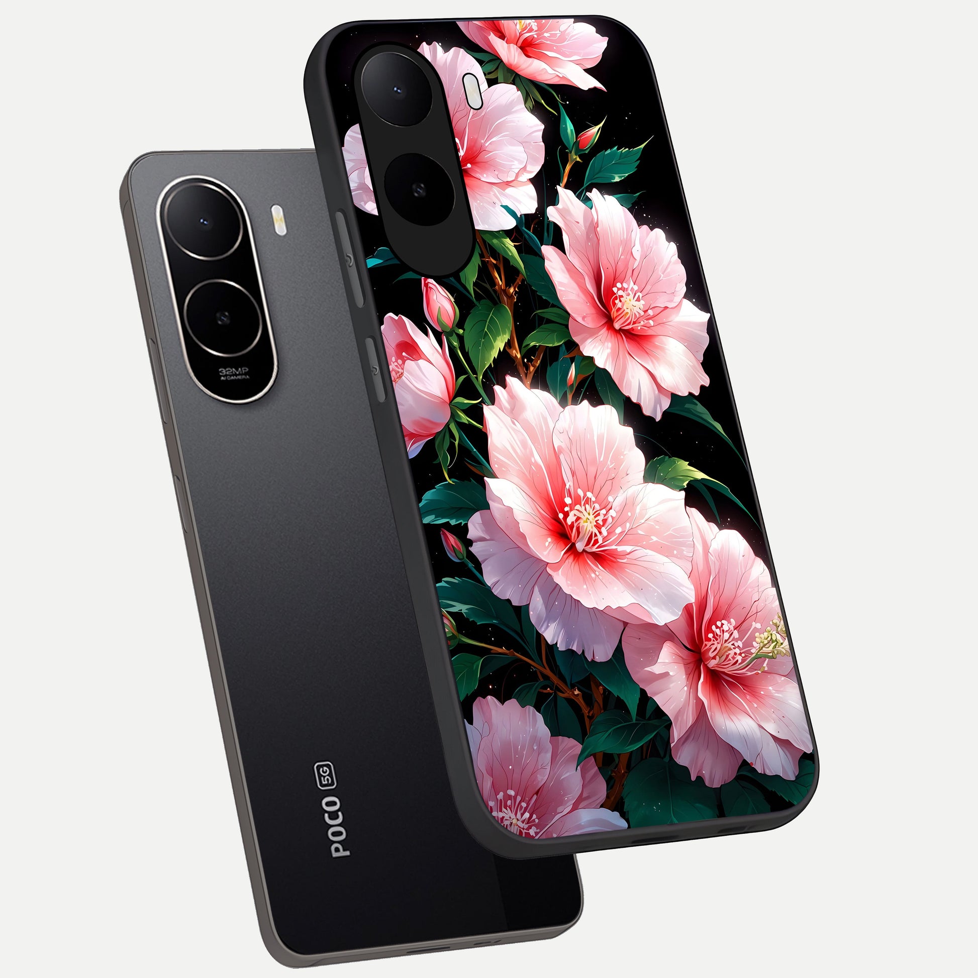  Peach Flower phone case For Poco C85x showing premium glass back cover with detailed artwork