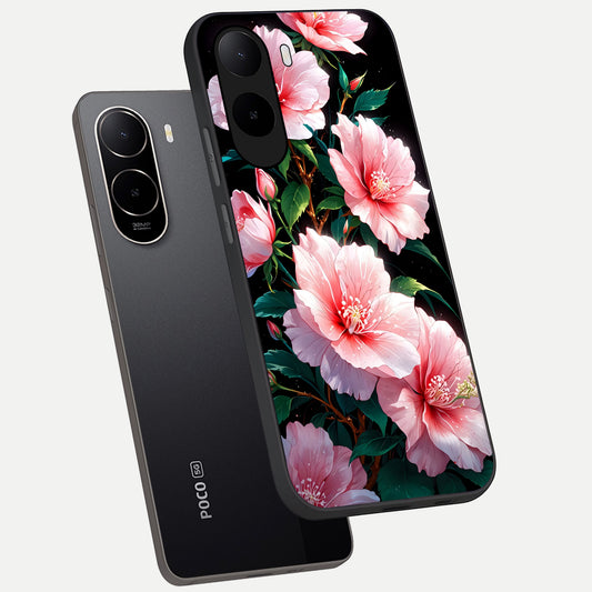  Peach Flower phone case For Poco C85x showing premium glass back cover with detailed artwork