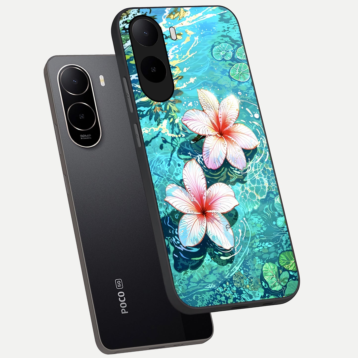  Pink Flowers in Water phone case For Poco C85x showing premium glass back cover with detailed artwork