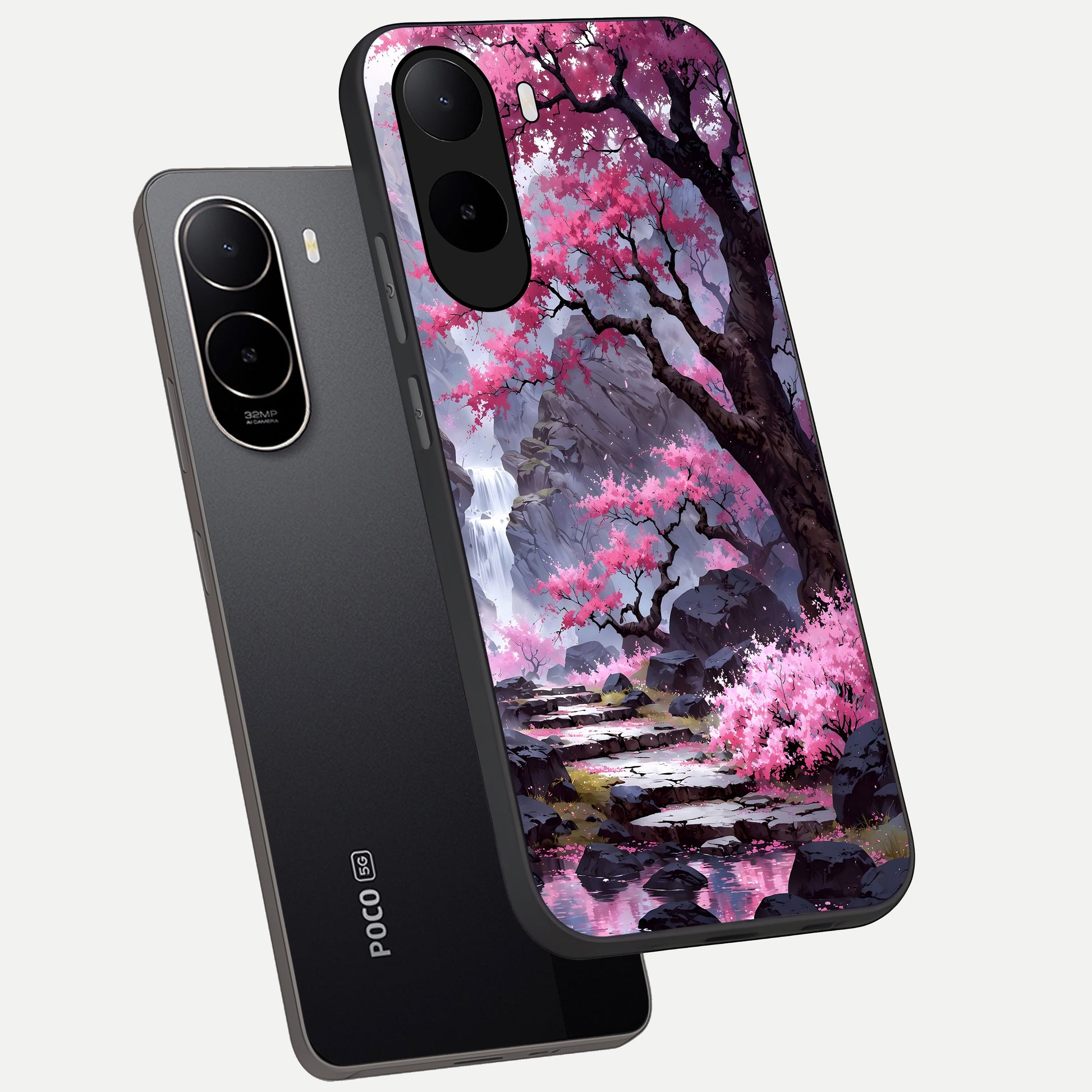 Pink Sunflower Glow phone case For Poco C85x showing premium glass back cover with detailed artwork