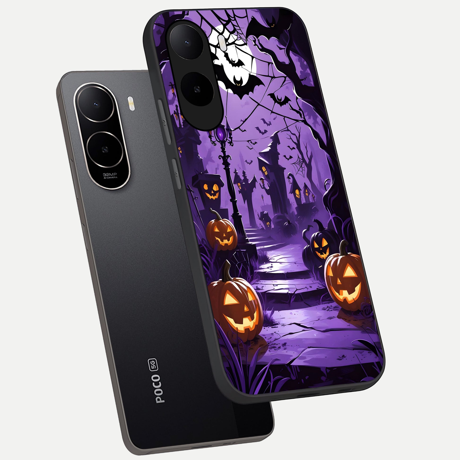  Pumpkin Patch Halloween phone case For Poco C85x showing premium glass back cover with detailed artwork
