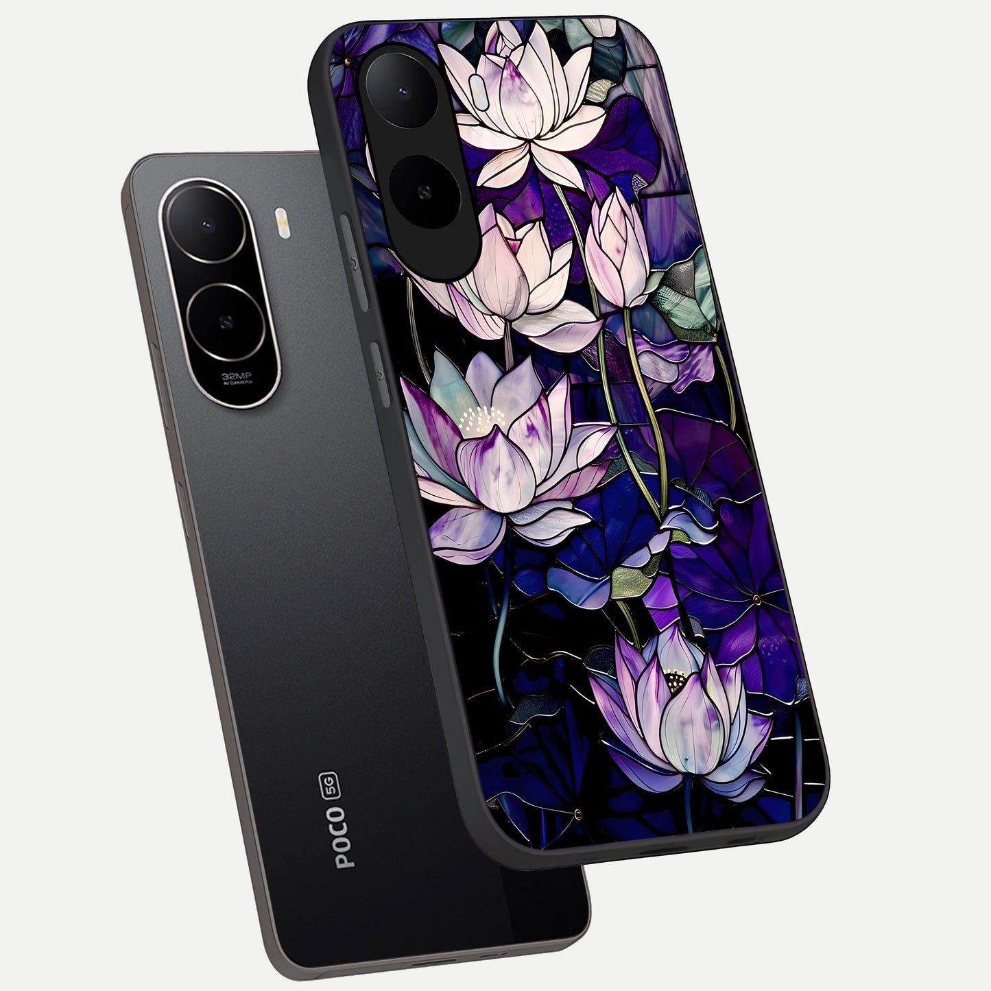  Purple Lotus Pattern phone case For Poco C85x showing premium glass back cover with detailed artwork